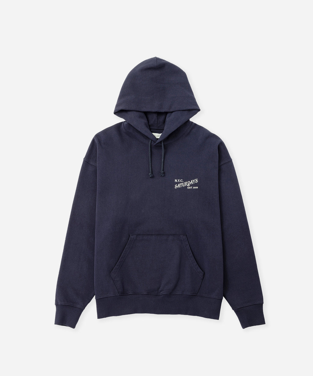 Saturdays NYC Warren Vintage Serif Relaxed Hoodie in Navy