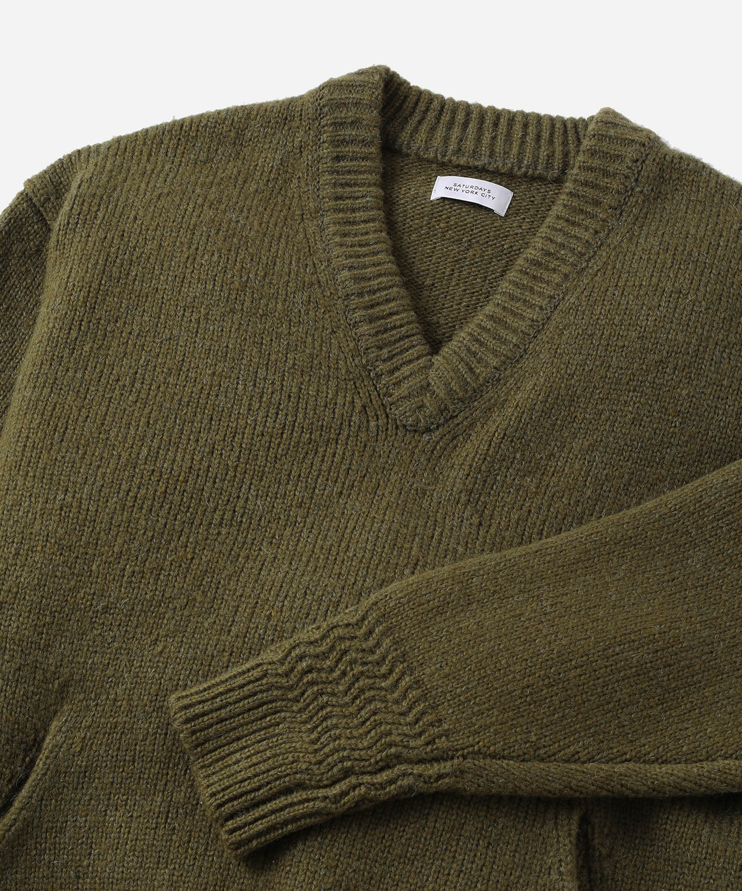 Saturdays NYC Nicholas Low Gage V Neck Sweater in Olive Green