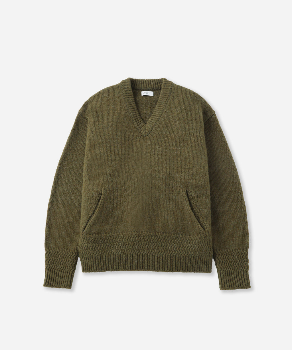 Saturdays NYC Nicholas Low Gage V Neck Sweater in Olive Green