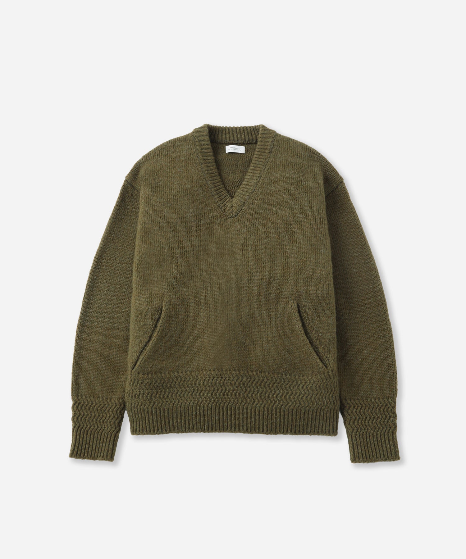 Saturdays NYC Nicholas Low Gage V Neck Sweater in Olive Green