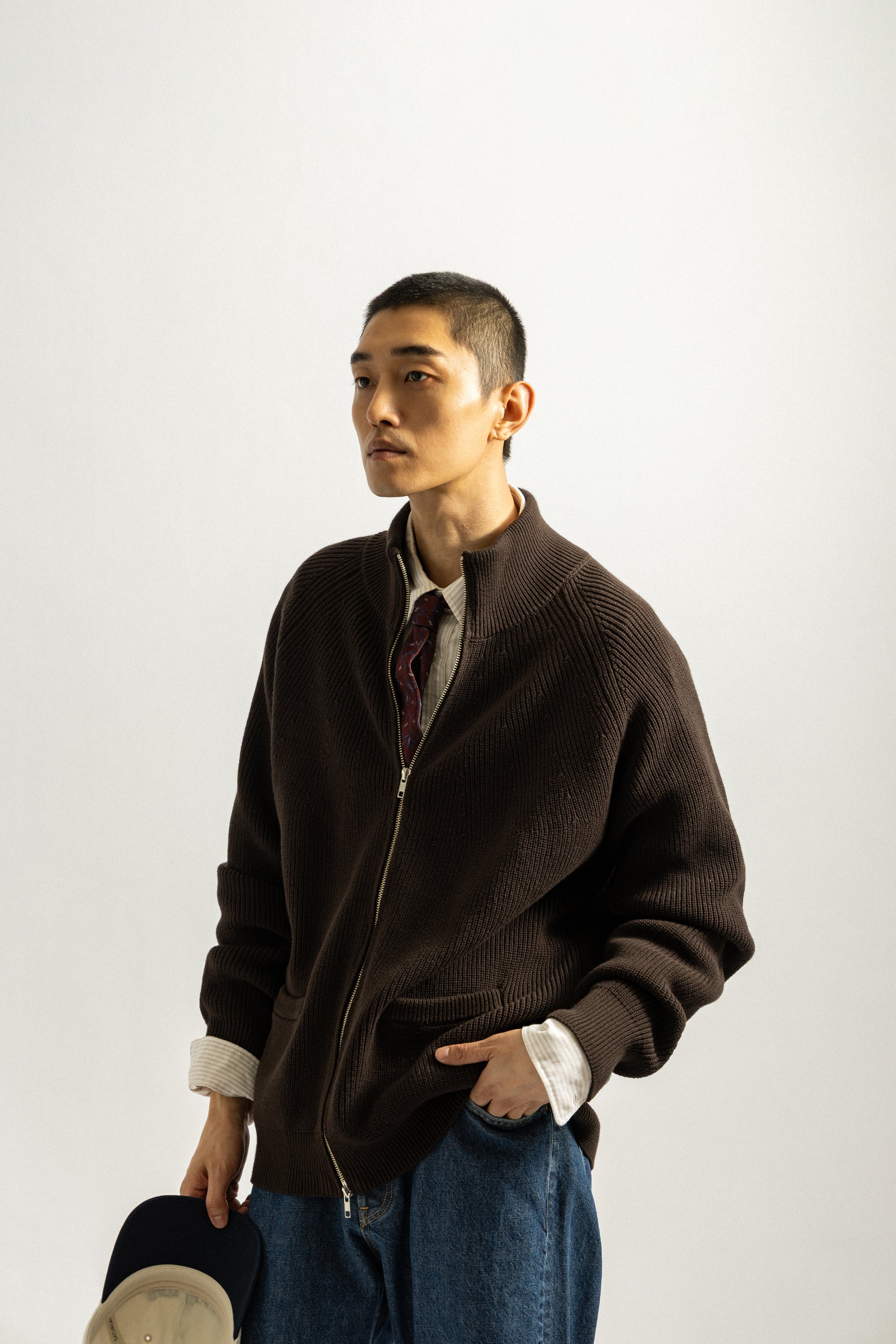 Saturdays NYC Henderson Zip Thru Knit in Dark Brown