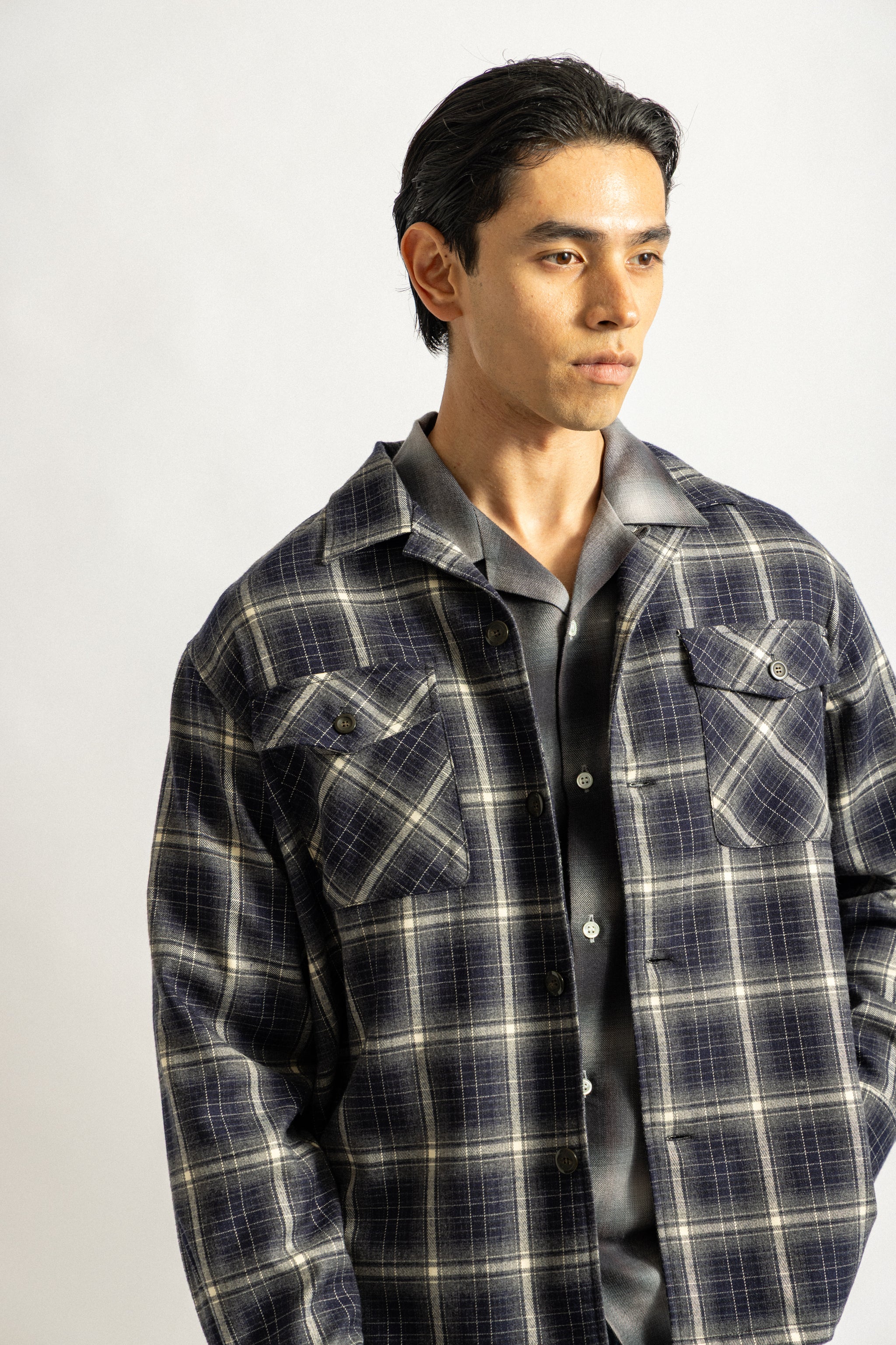 Saturdays NYC Marco Ombre Check CPO Shirt in Navy