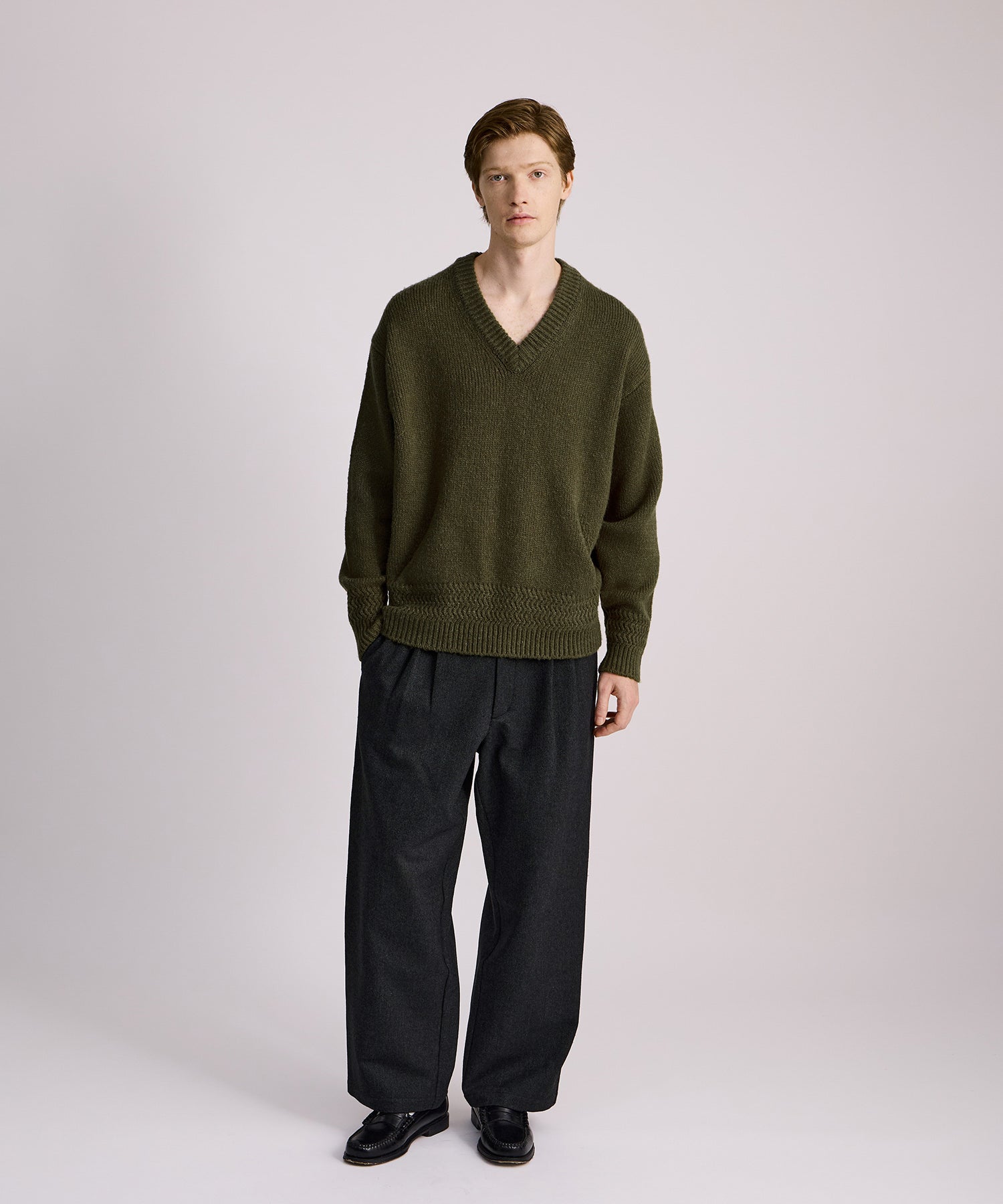 Saturdays NYC Nicholas Low Gage V Neck Sweater in Olive Green