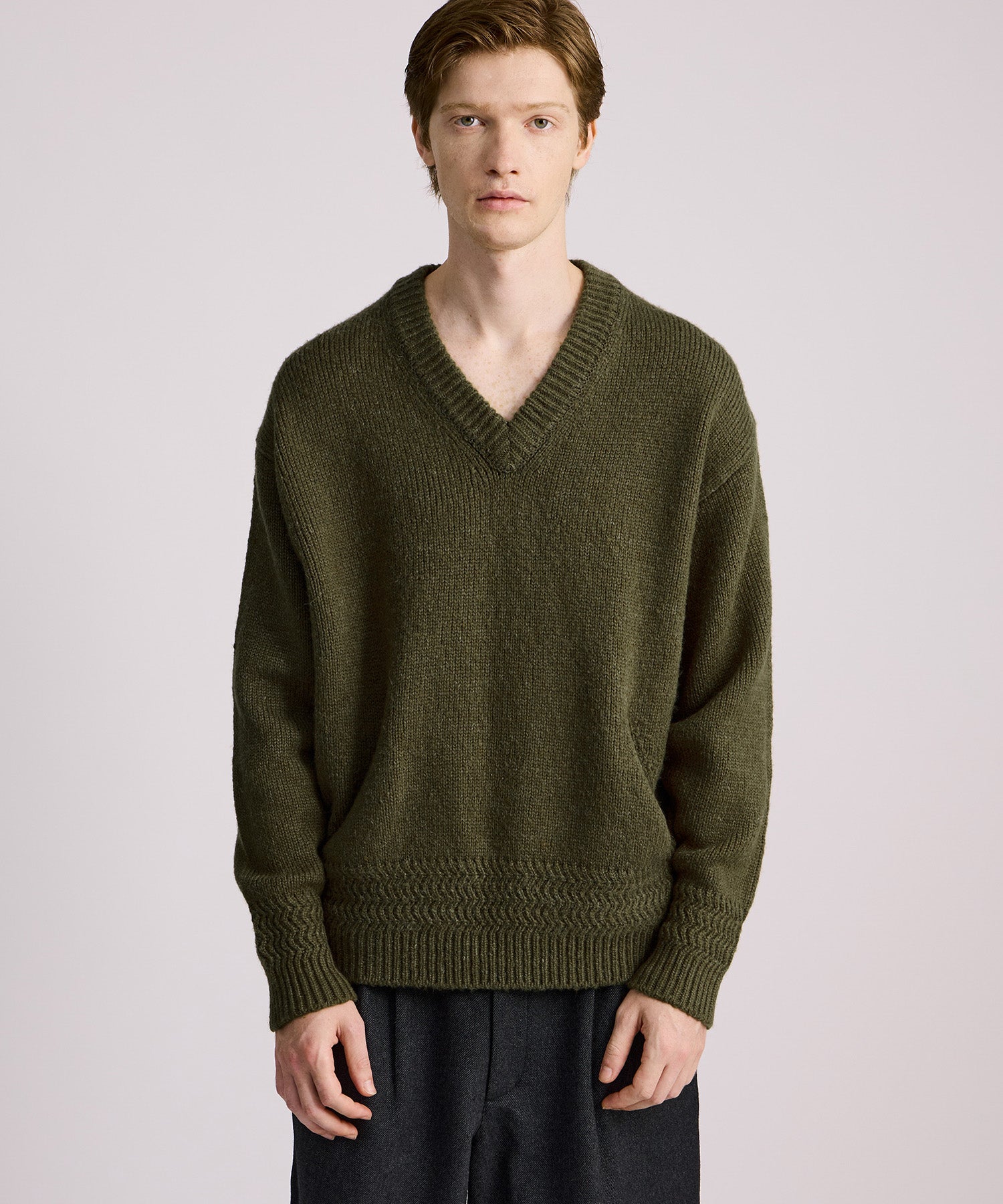 Saturdays NYC Nicholas Low Gage V Neck Sweater in Olive Green