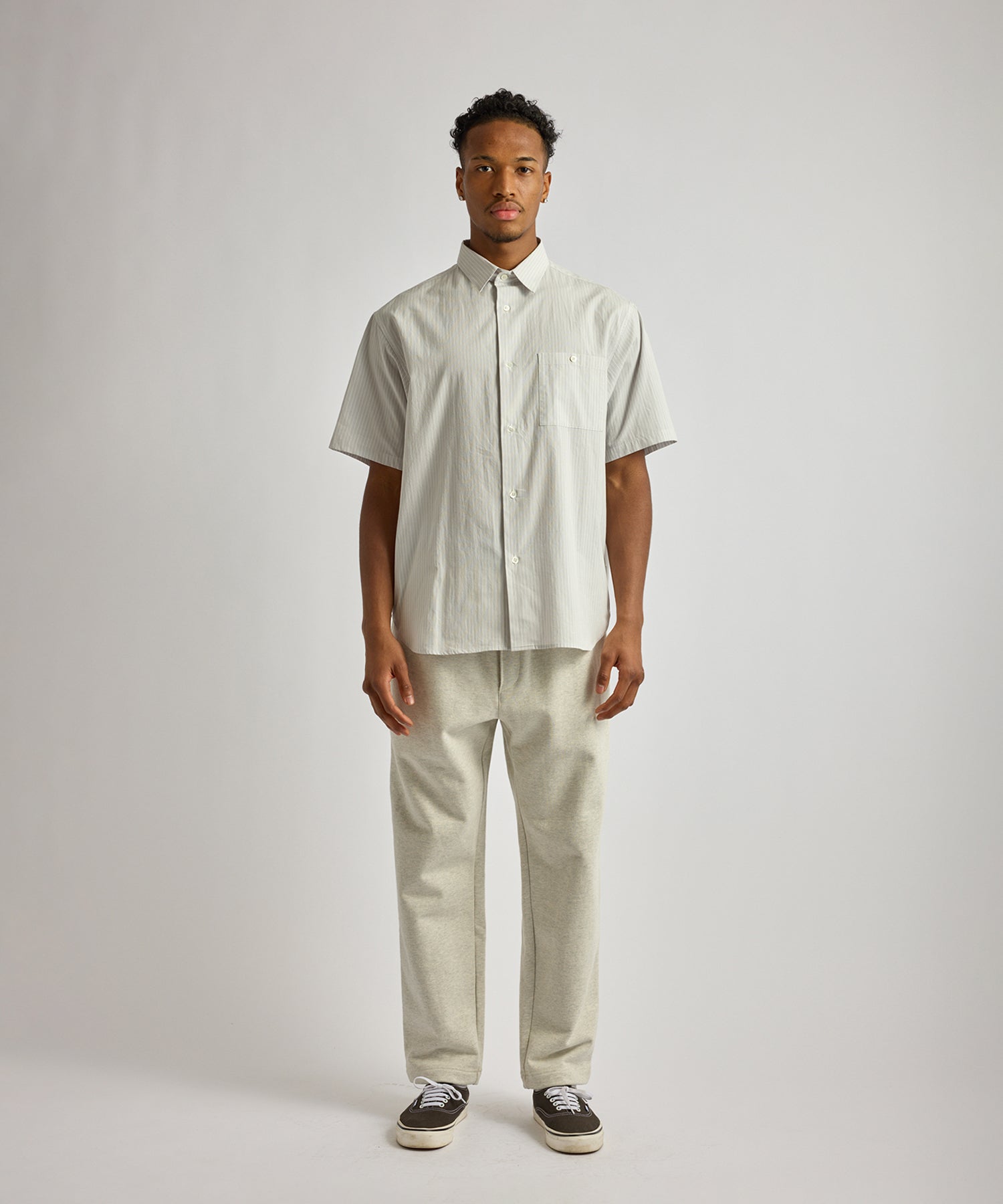 Saturdays NYC Bruce Stripe Short Sleeve Shirt in Light Gray