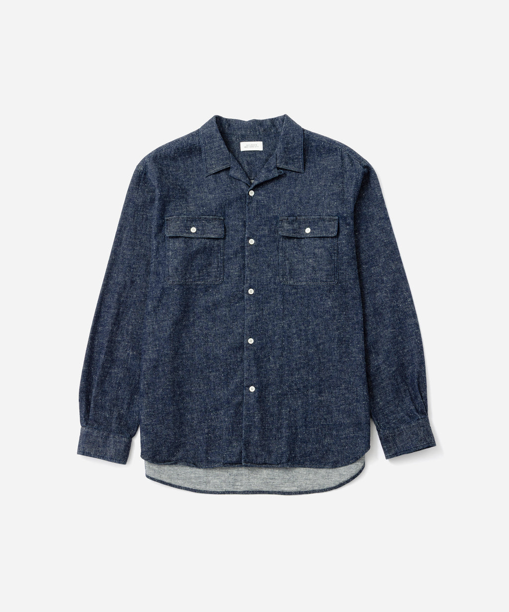 Saturdays NYC Hanley Long Sleeve Open Collar Shirt in Navy