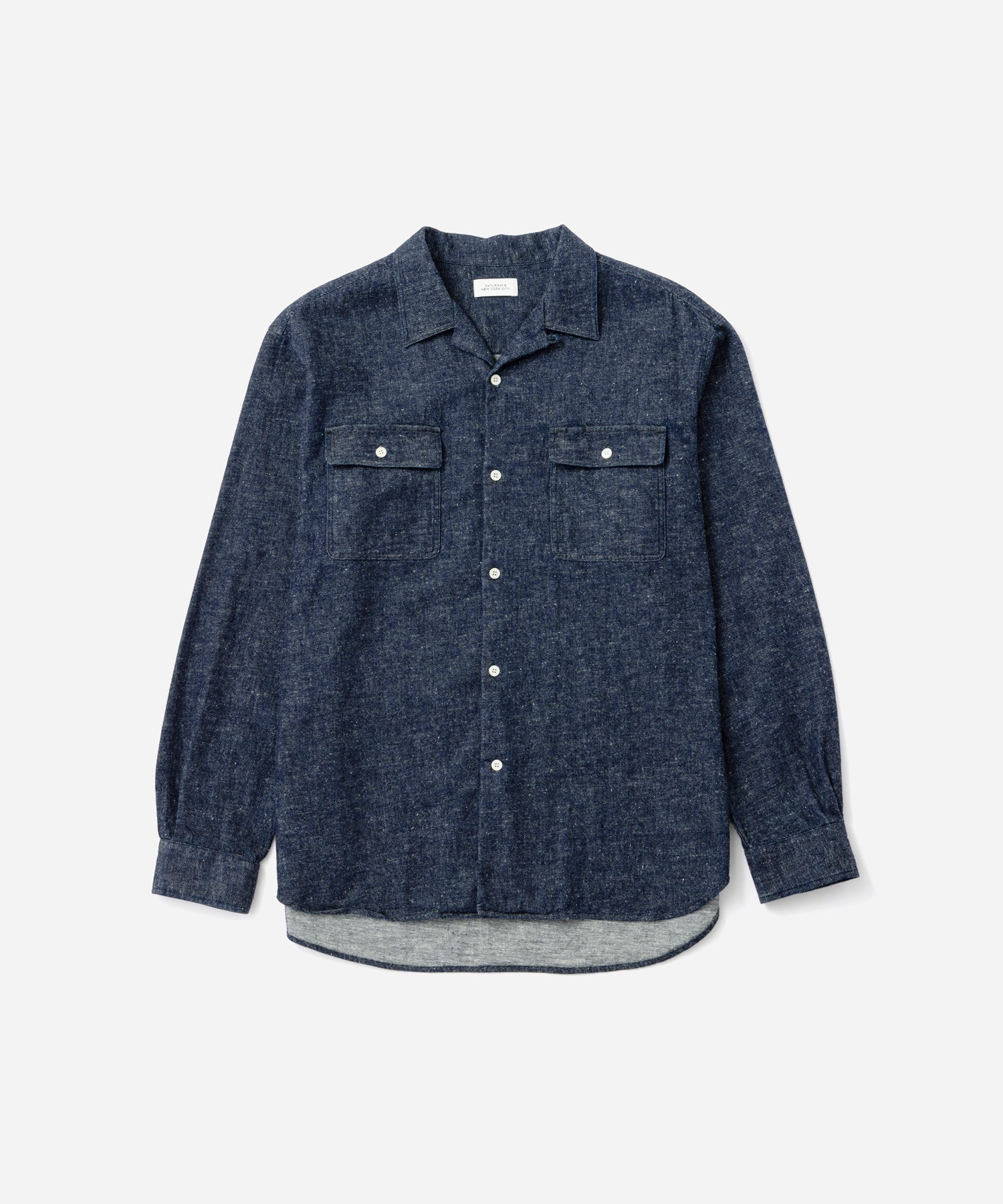 Saturdays NYC Hanley Long Sleeve Open Collar Shirt in Navy