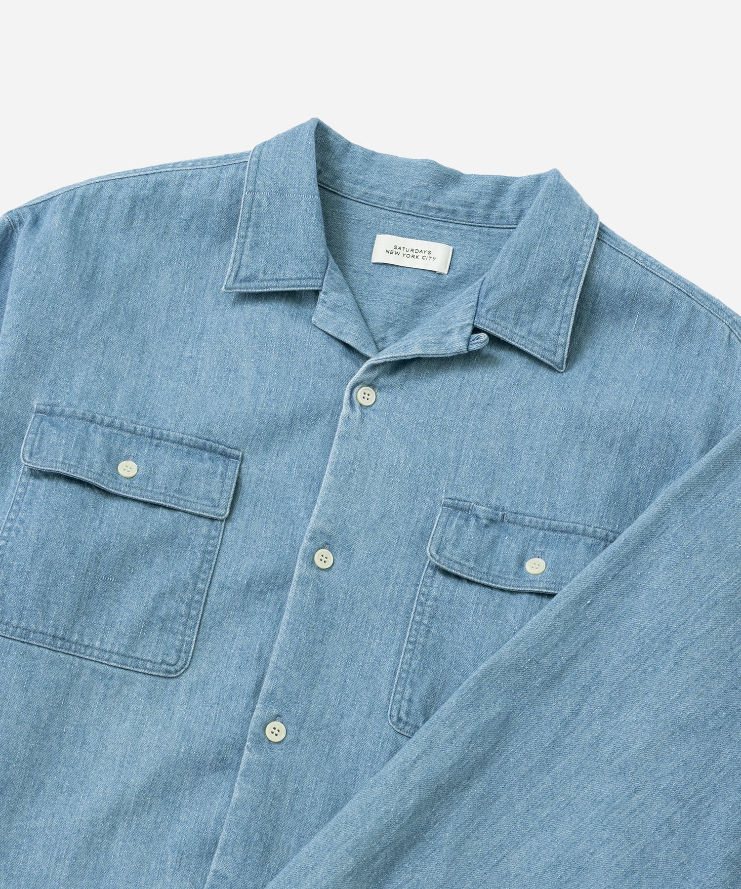 Saturdays NYC Hanley Long Sleeve Open Collar Shirt in Light Blue