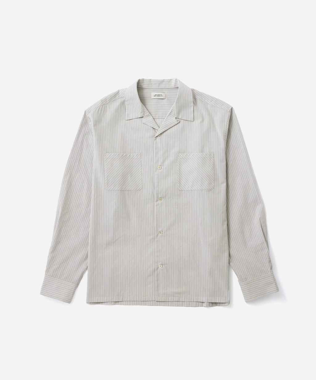 Saturdays NYC Marco Stripe Open Collar Shirt in Light Gray
