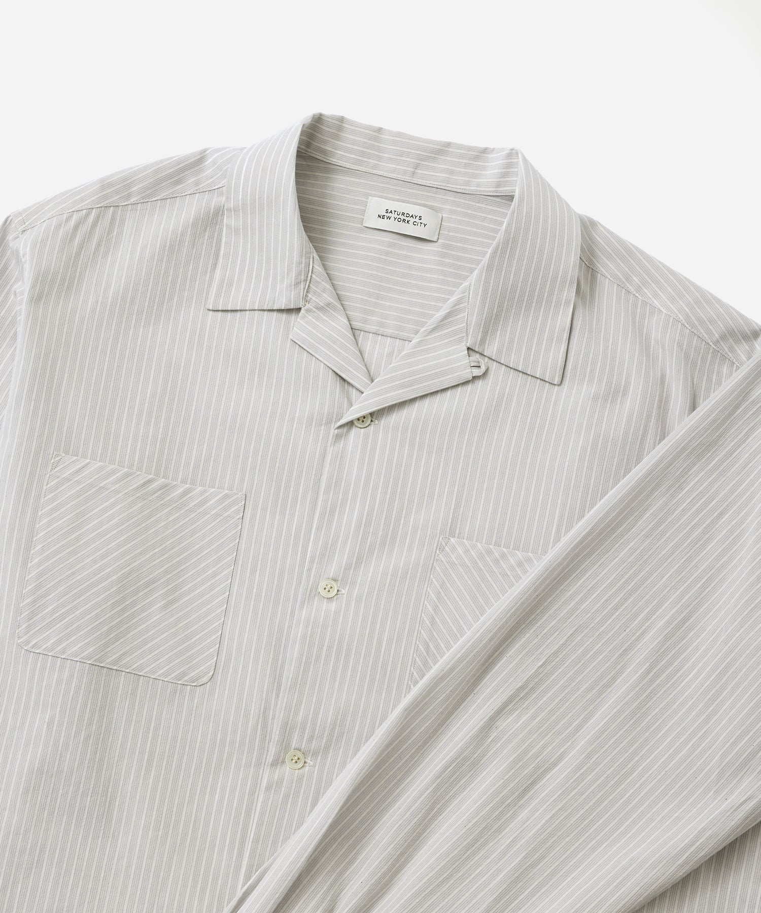 Saturdays NYC Marco Stripe Open Collar Shirt in Light Gray