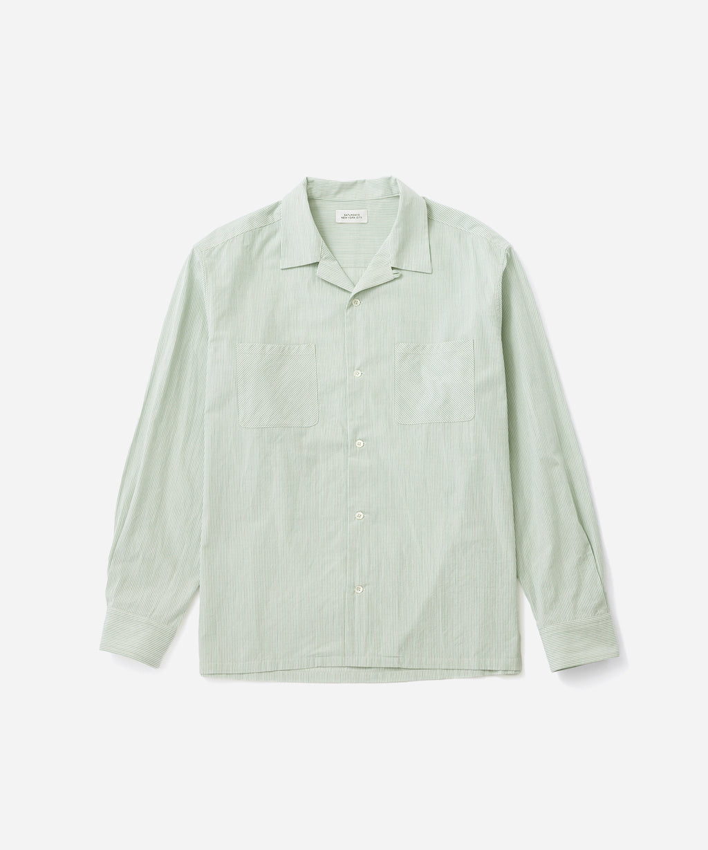 Saturdays NYC Marco Stripe Open Collar Shirt in Green