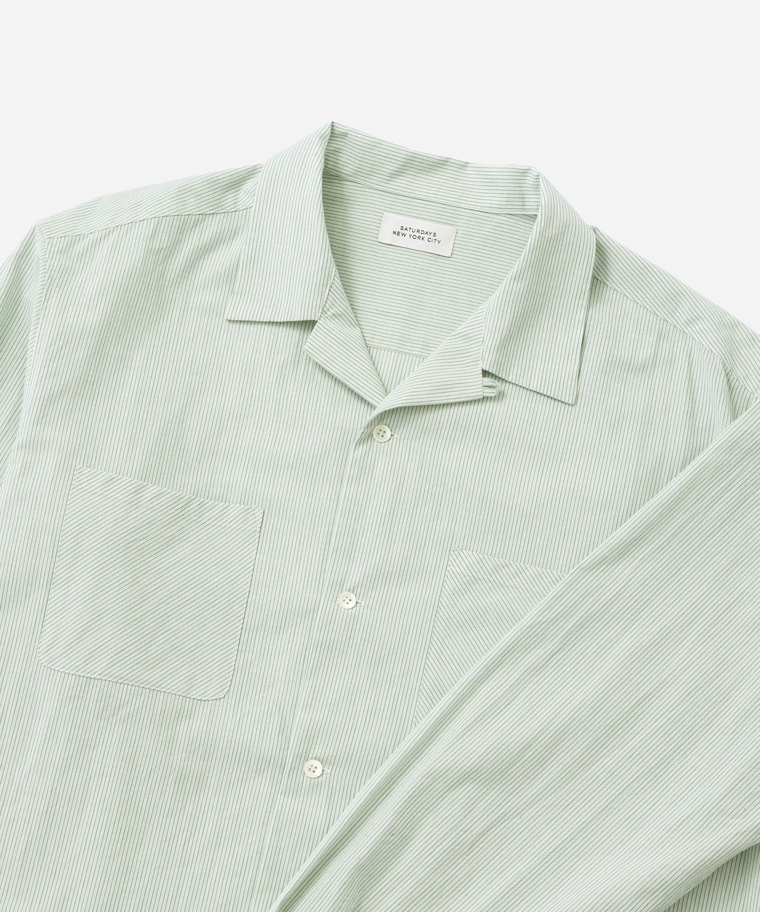 Saturdays NYC Marco Stripe Open Collar Shirt in Green