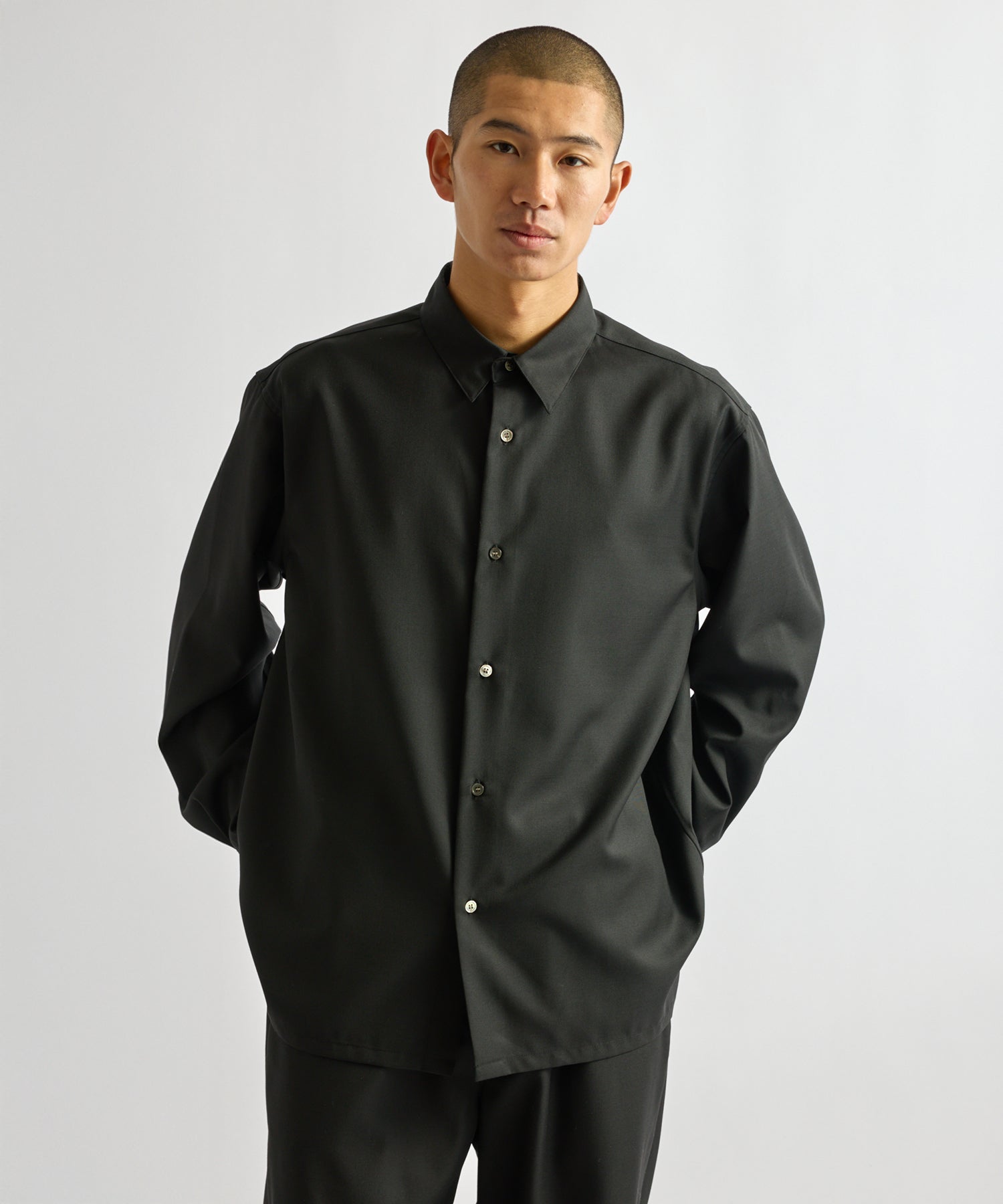 Saturdays NYC Kenmare Tropical Wool Long Sleeve Shirt in Black