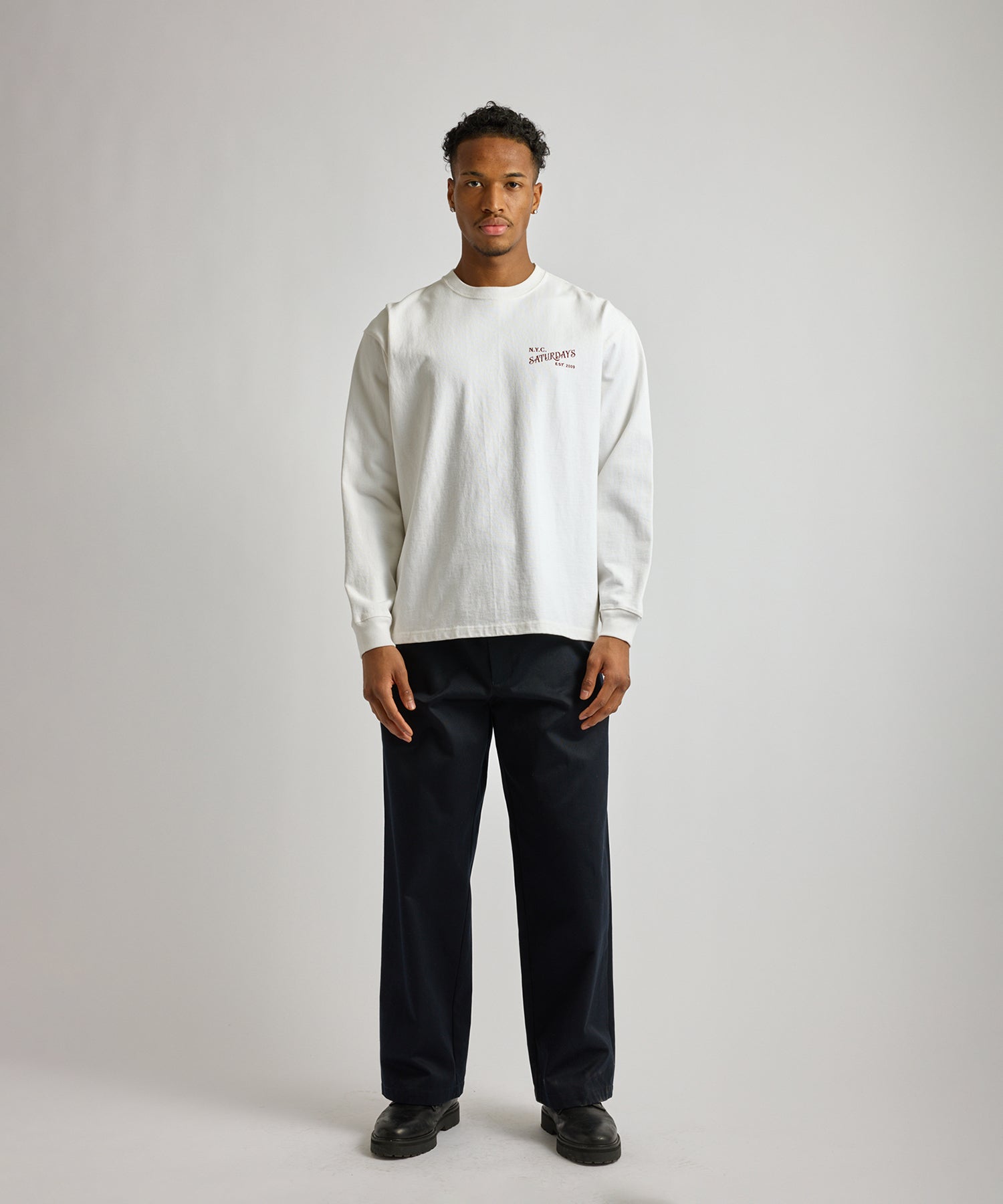 Saturdays NYC Max Weight Vintage Serif Long Sleeve Tee in White