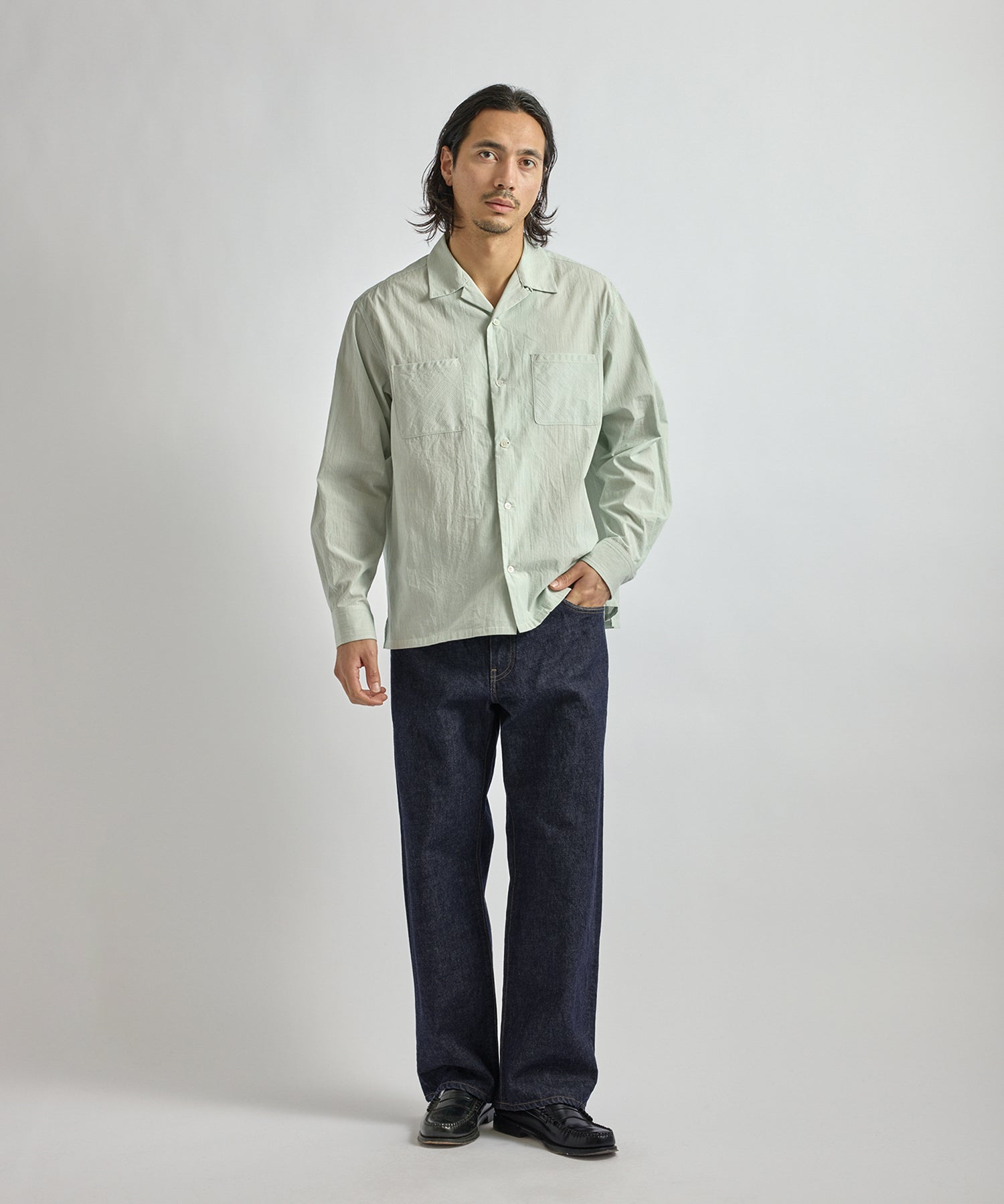Saturdays NYC Marco Stripe Open Collar Shirt in Green