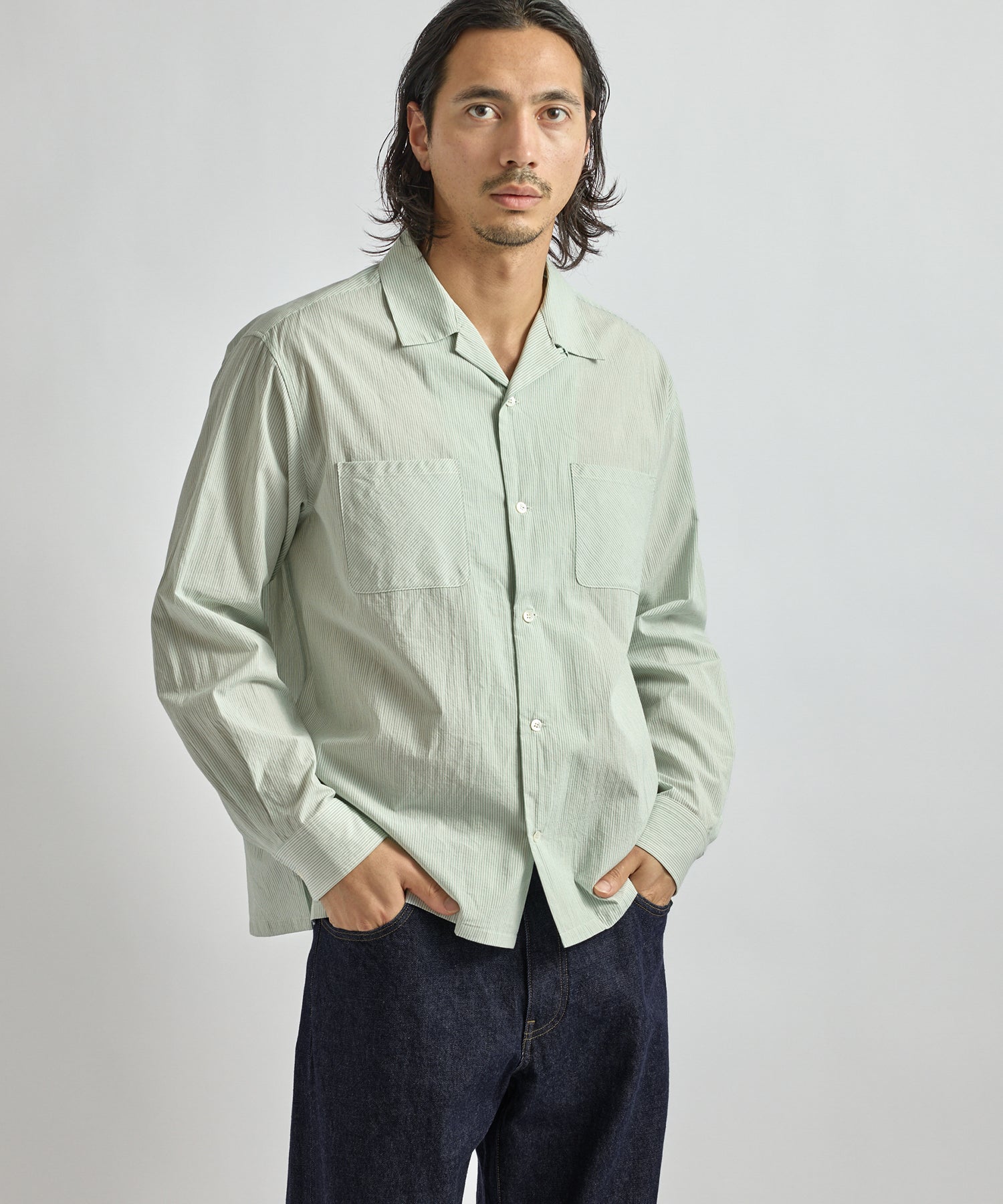Saturdays NYC Marco Stripe Open Collar Shirt in Green