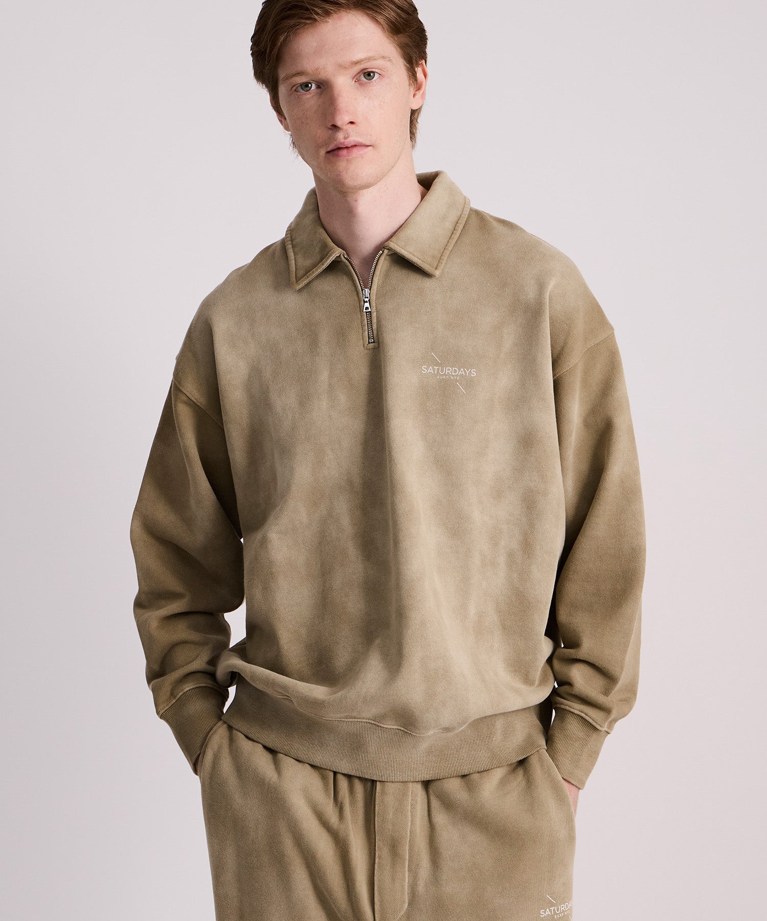 Saturdays NYC Mott Relaxed Quarter Zip Surf Sweatshirt in Beige