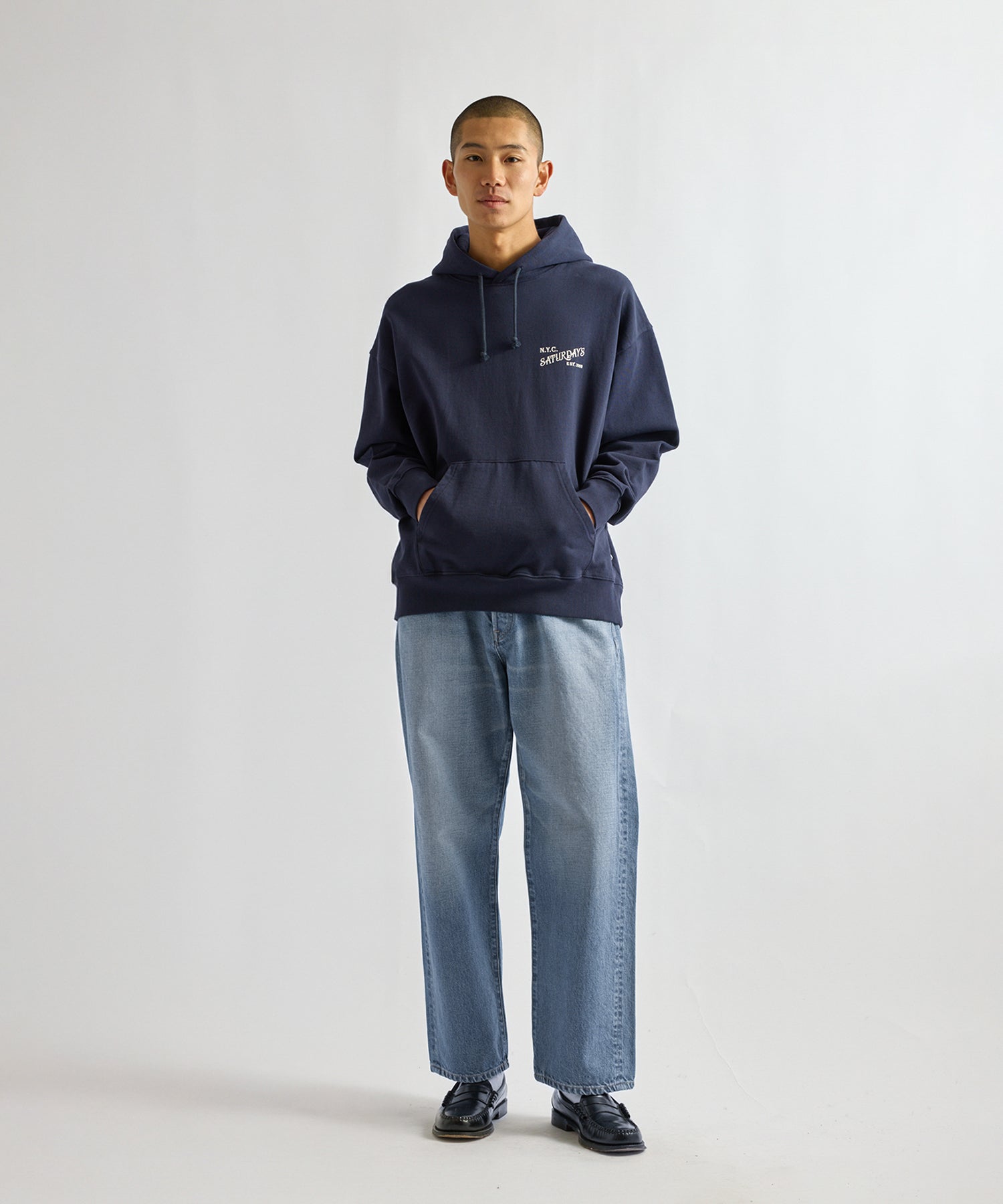 Saturdays NYC Warren Vintage Serif Relaxed Hoodie in Navy
