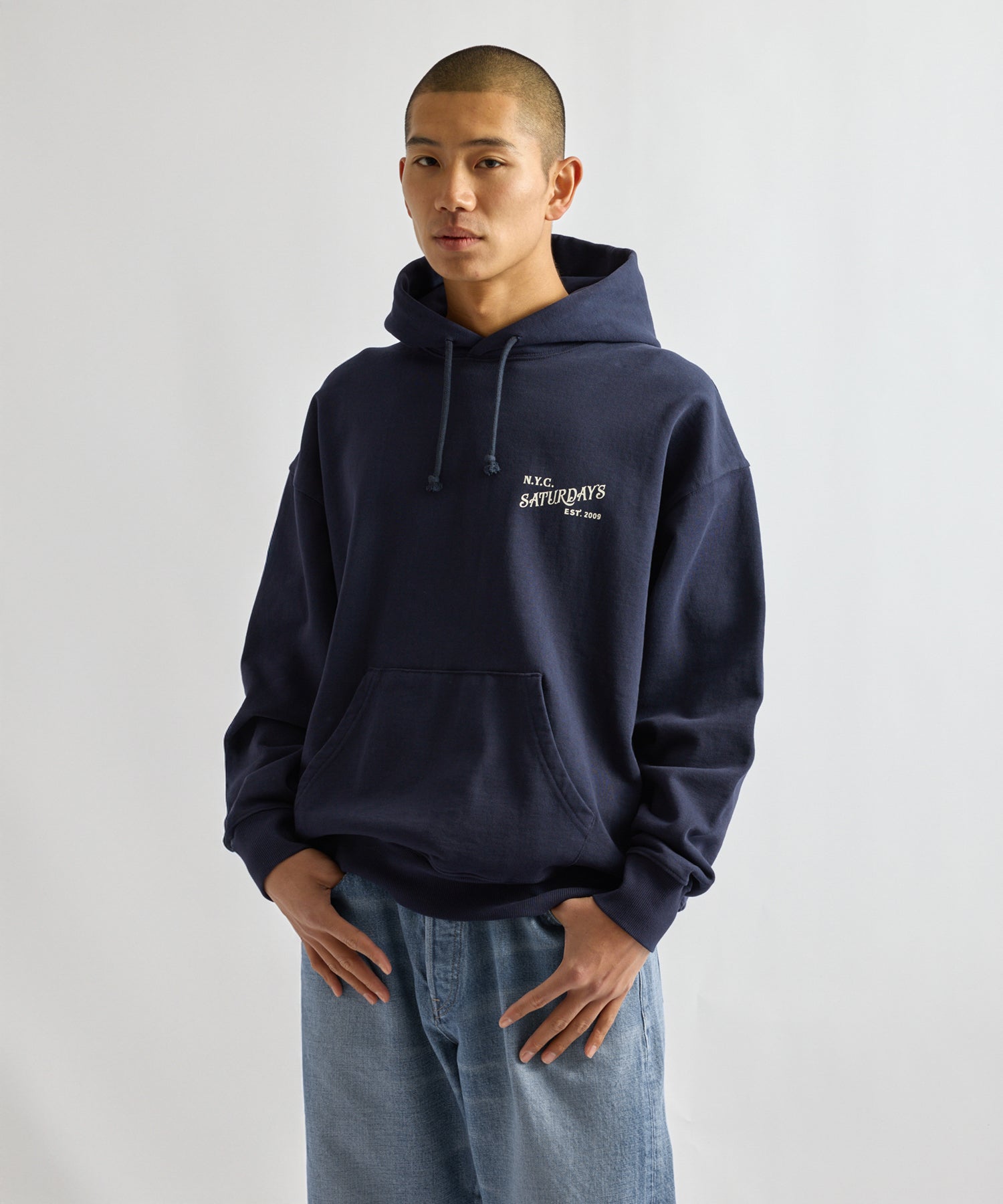 Saturdays NYC Warren Vintage Serif Relaxed Hoodie in Navy