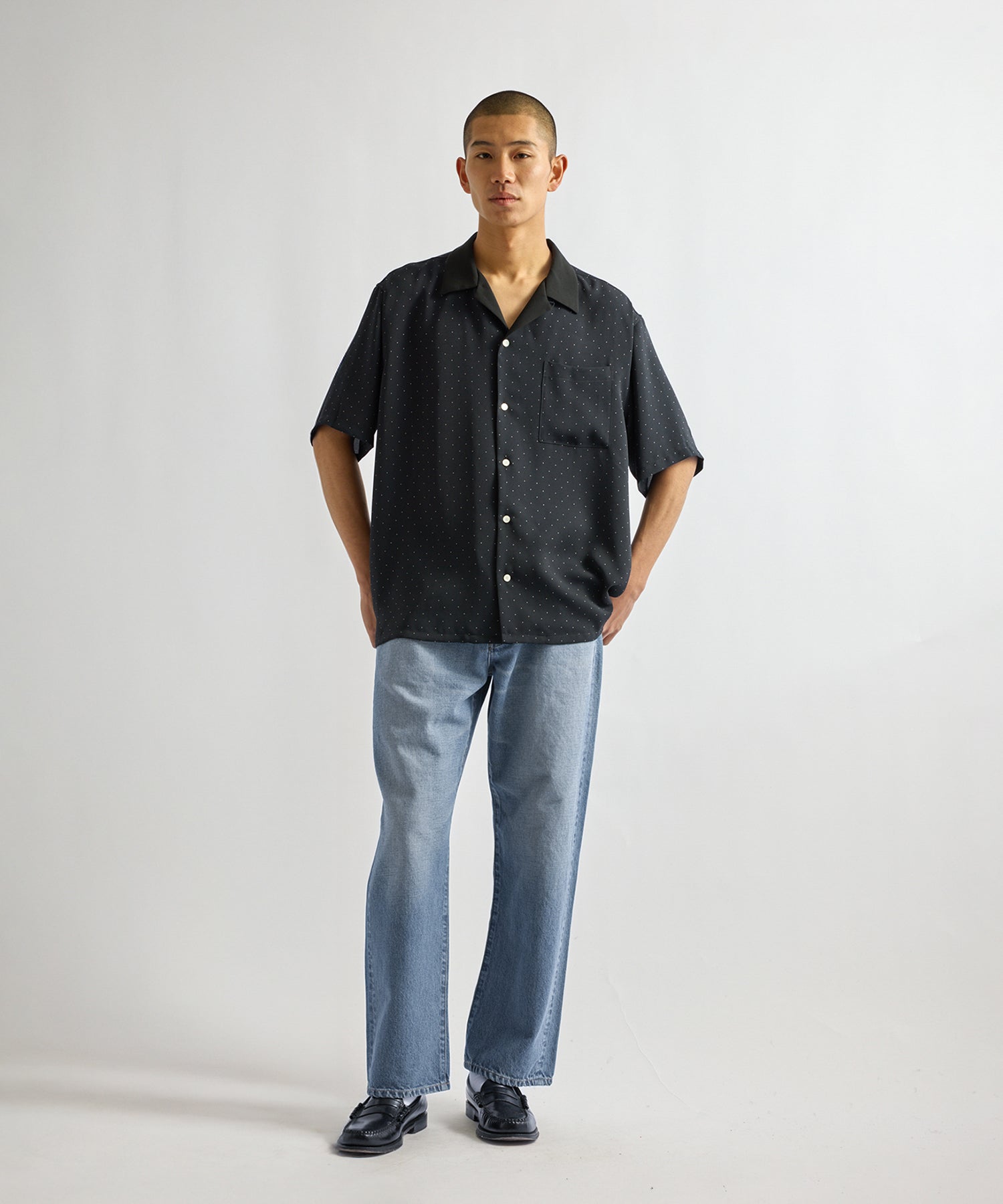 Saturdays NYC Hester Dot Print Short Sleeve Shirt in Navy