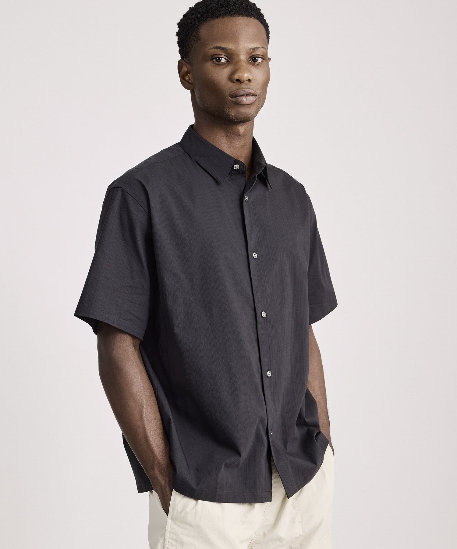 Saturdays NYC Bruce Tonal Stripe Short Sleeve Shirt in Black
