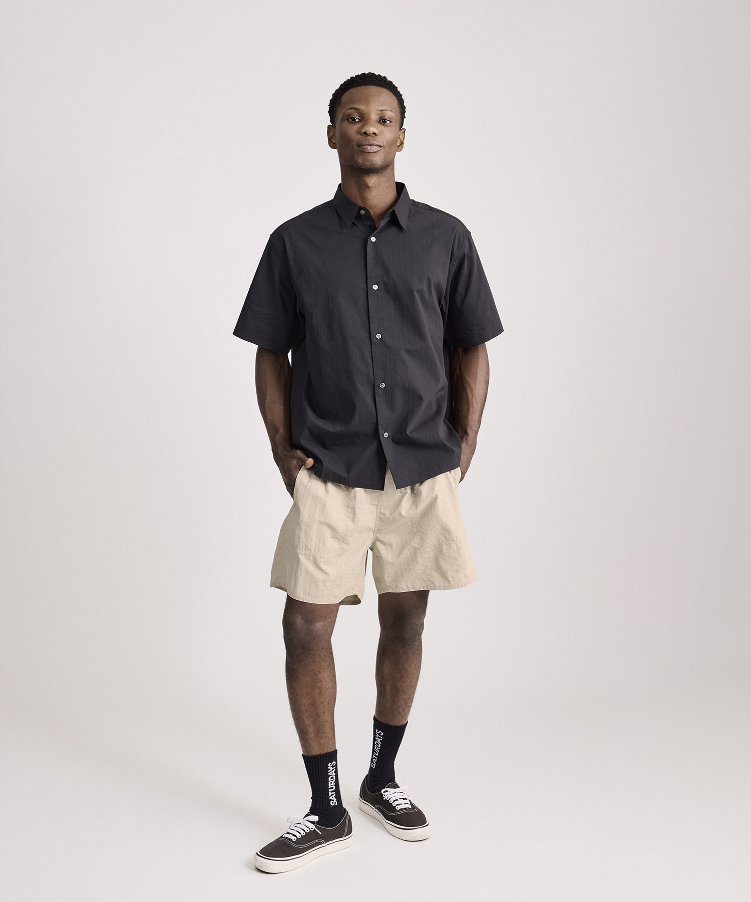 Saturdays NYC Bruce Tonal Stripe Short Sleeve Shirt in Black