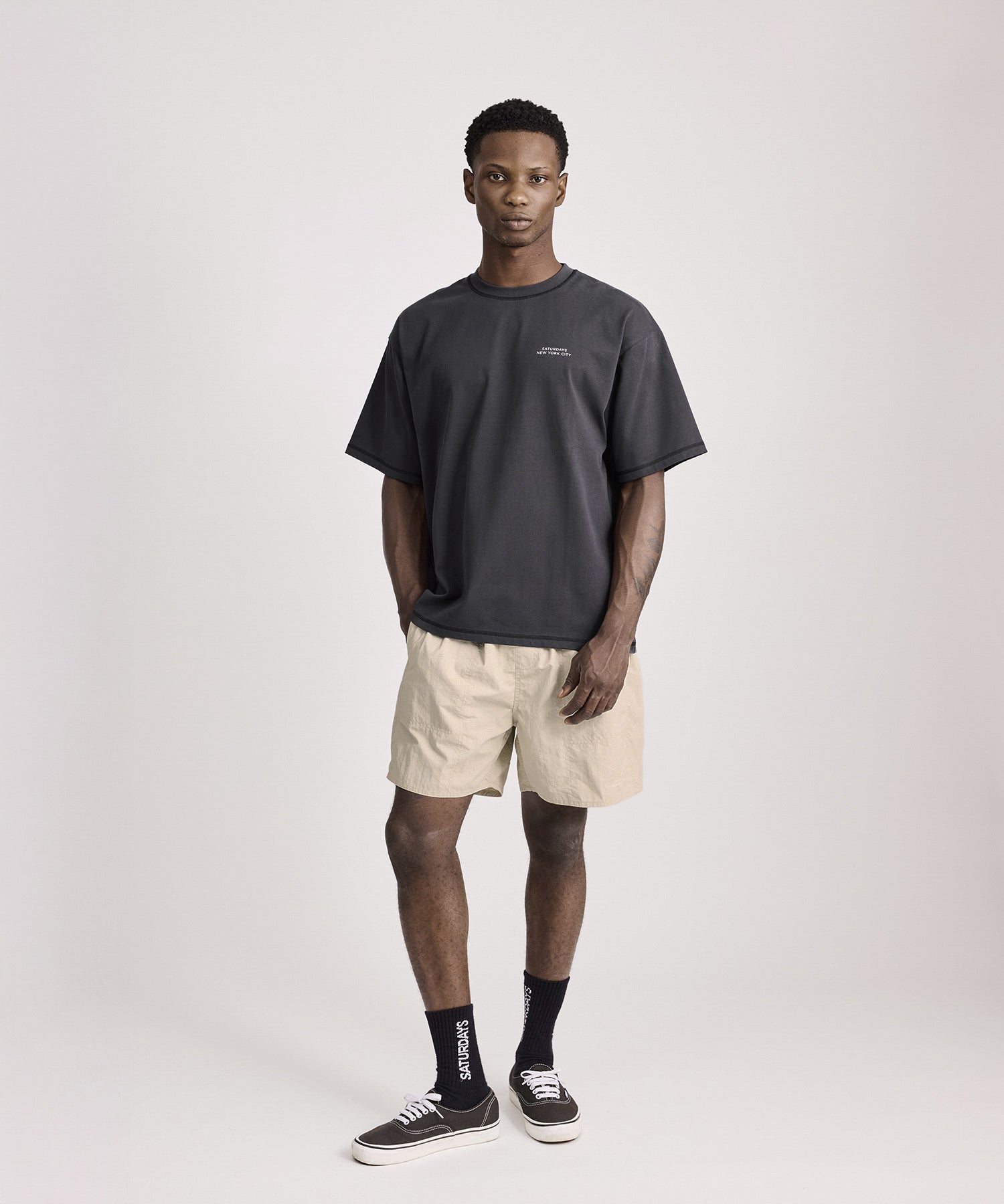 Saturdays NYC Contrast Stitch Relaxed Short Sleeve Tee in Navy