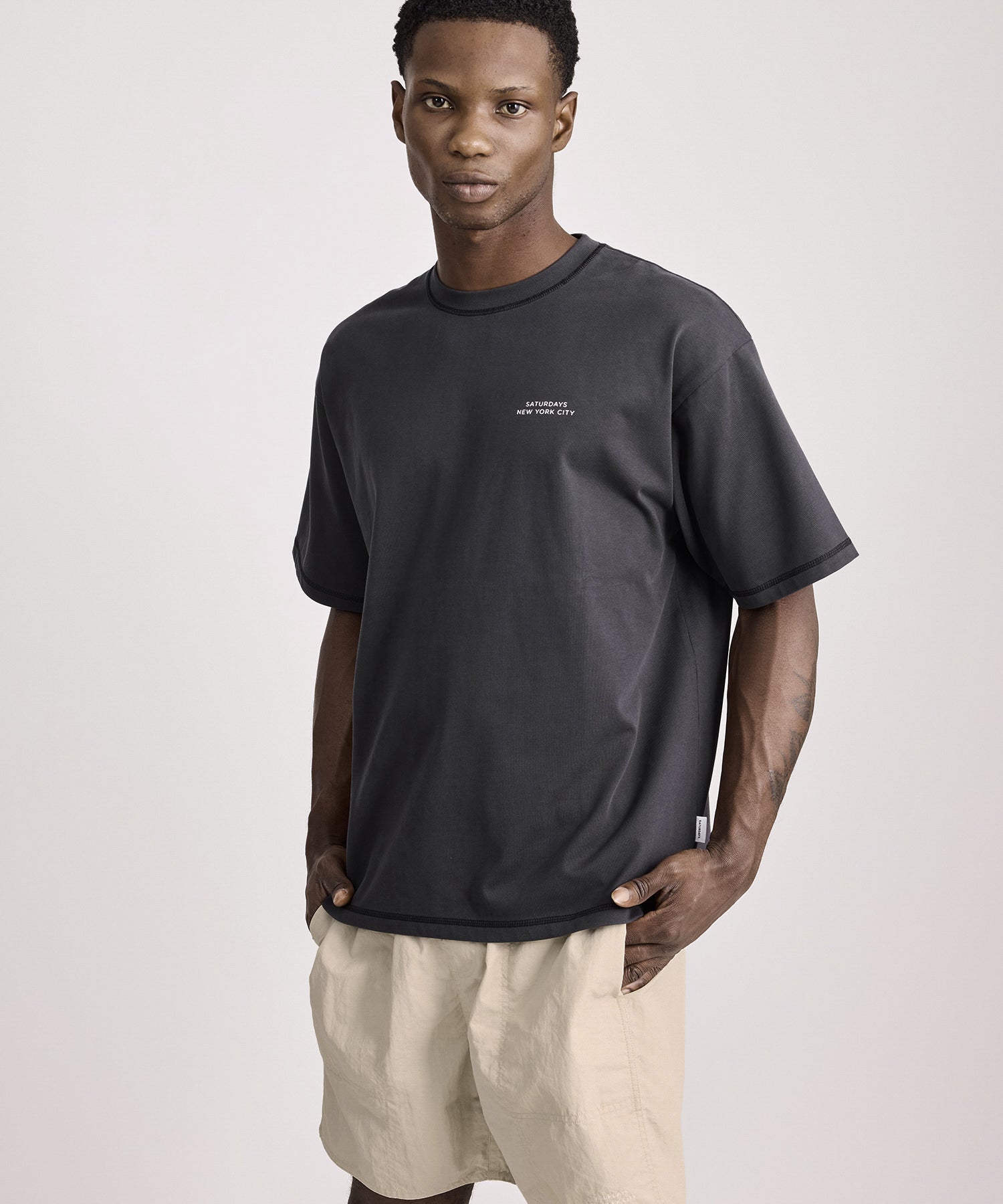 Saturdays NYC Contrast Stitch Relaxed Short Sleeve Tee in Navy