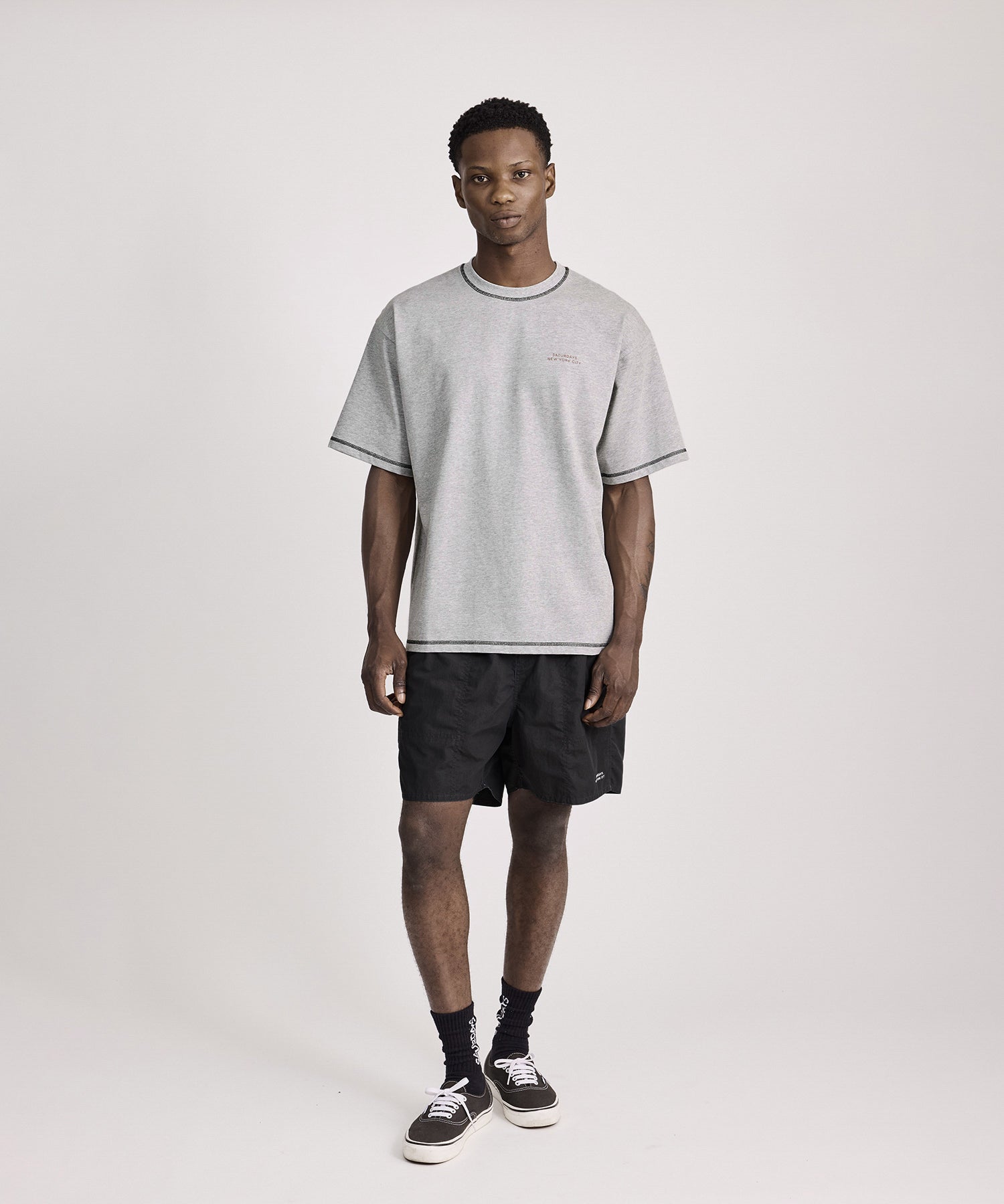 Saturdays NYC Contrast Stitch Relaxed Short Sleeve Tee in Gray