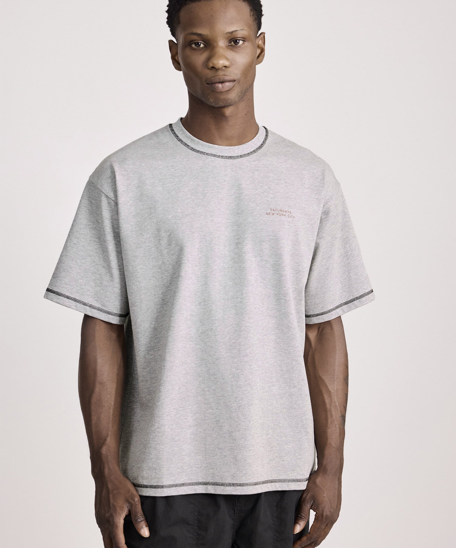 Saturdays NYC Contrast Stitch Relaxed Short Sleeve Tee in Gray