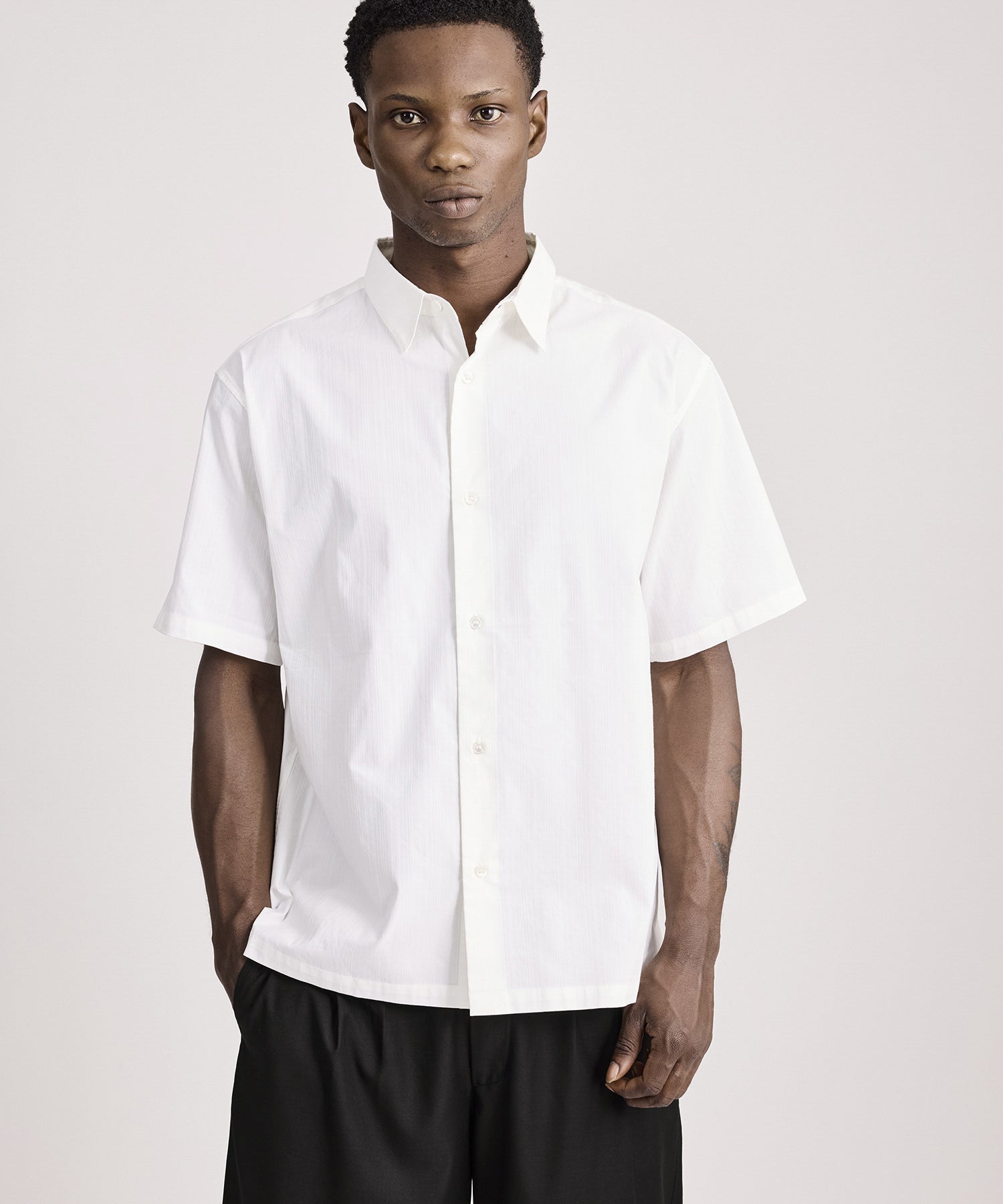 Saturdays NYC Bruce Tonal Stripe Short Sleeve Shirt in White