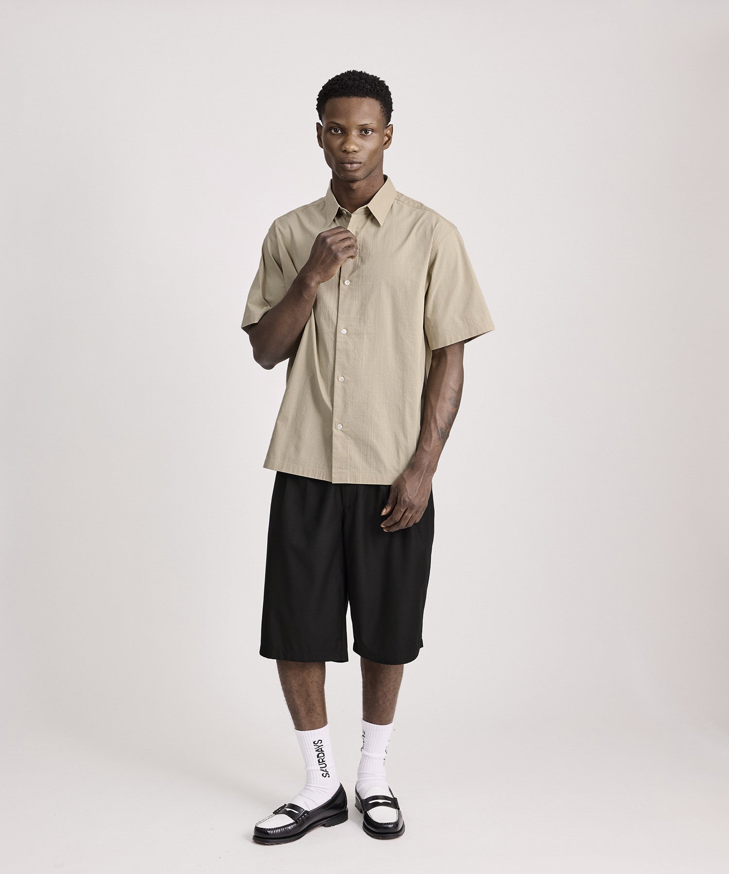 Saturdays NYC Bruce Tonal Stripe Short Sleeve Shirt in Beige