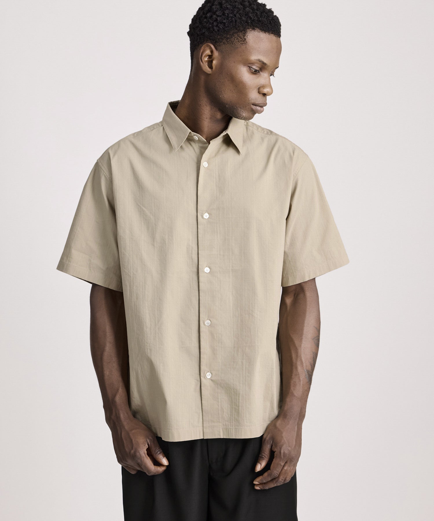Saturdays NYC Bruce Tonal Stripe Short Sleeve Shirt in Beige