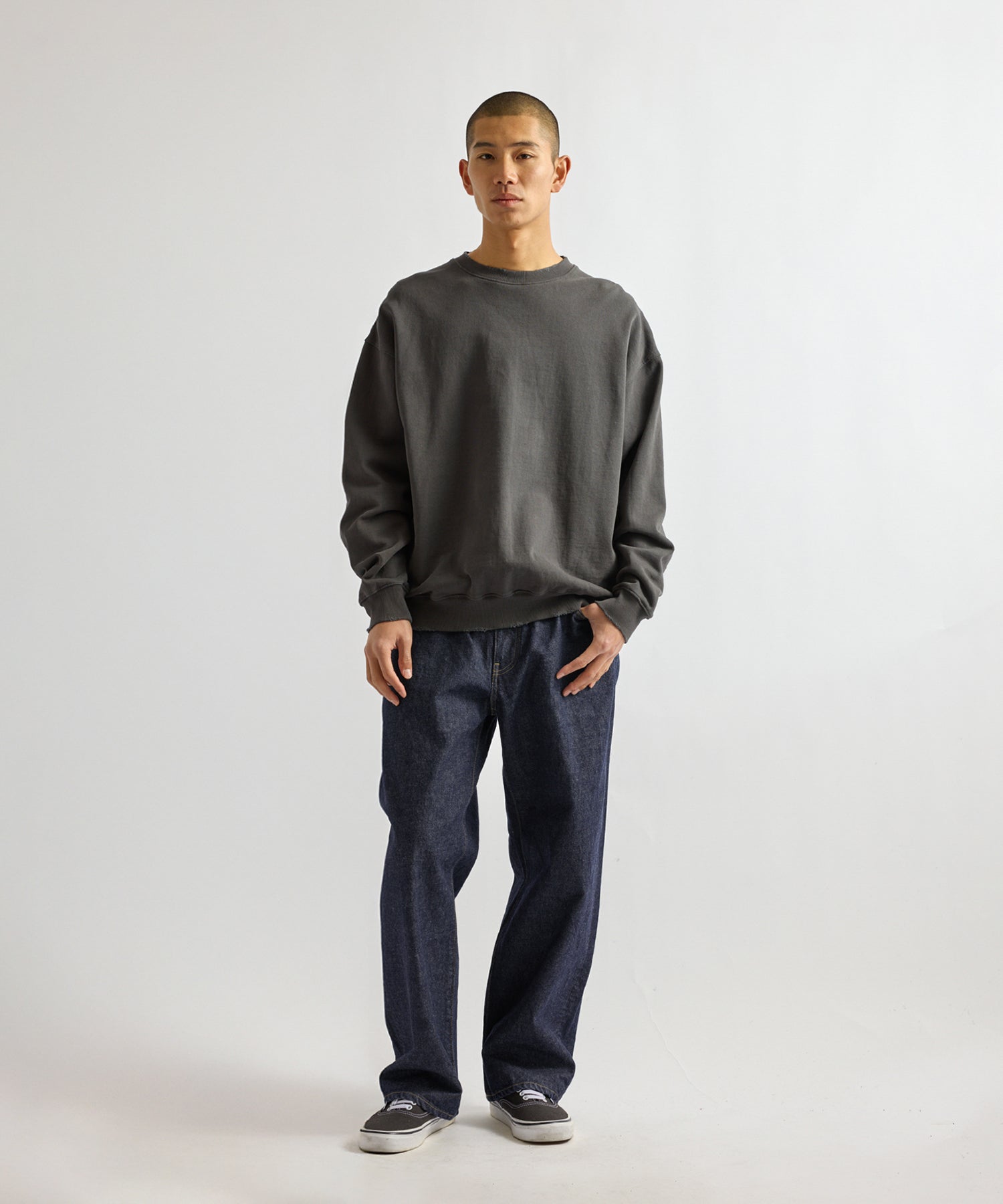 Saturdays NYC Bowery Garment Dyed Slash Sweatshirt in Charcoal