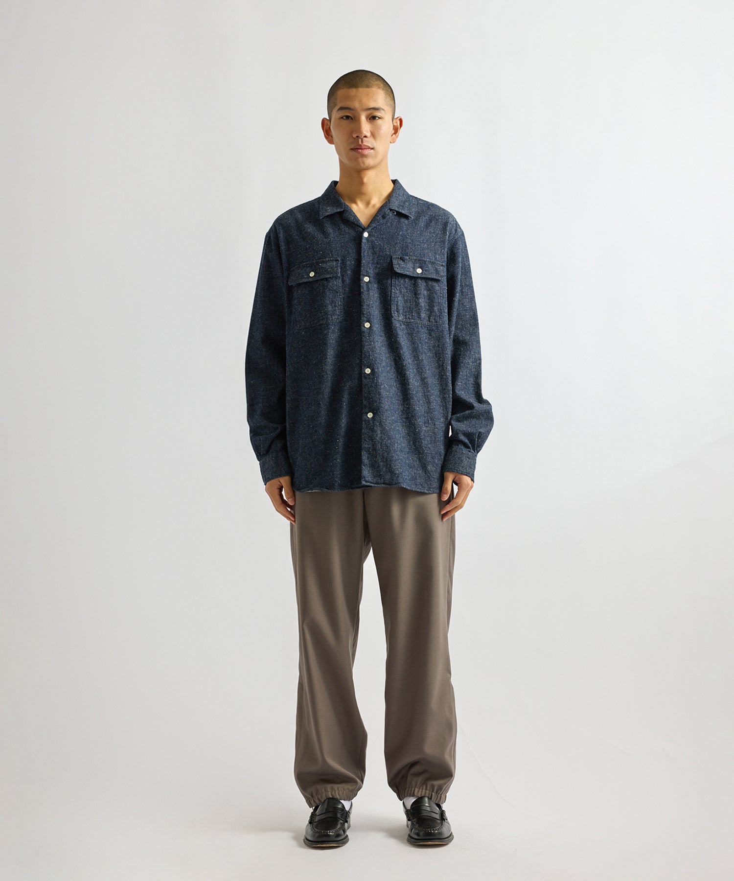 Saturdays NYC Hanley Long Sleeve Open Collar Shirt in Navy