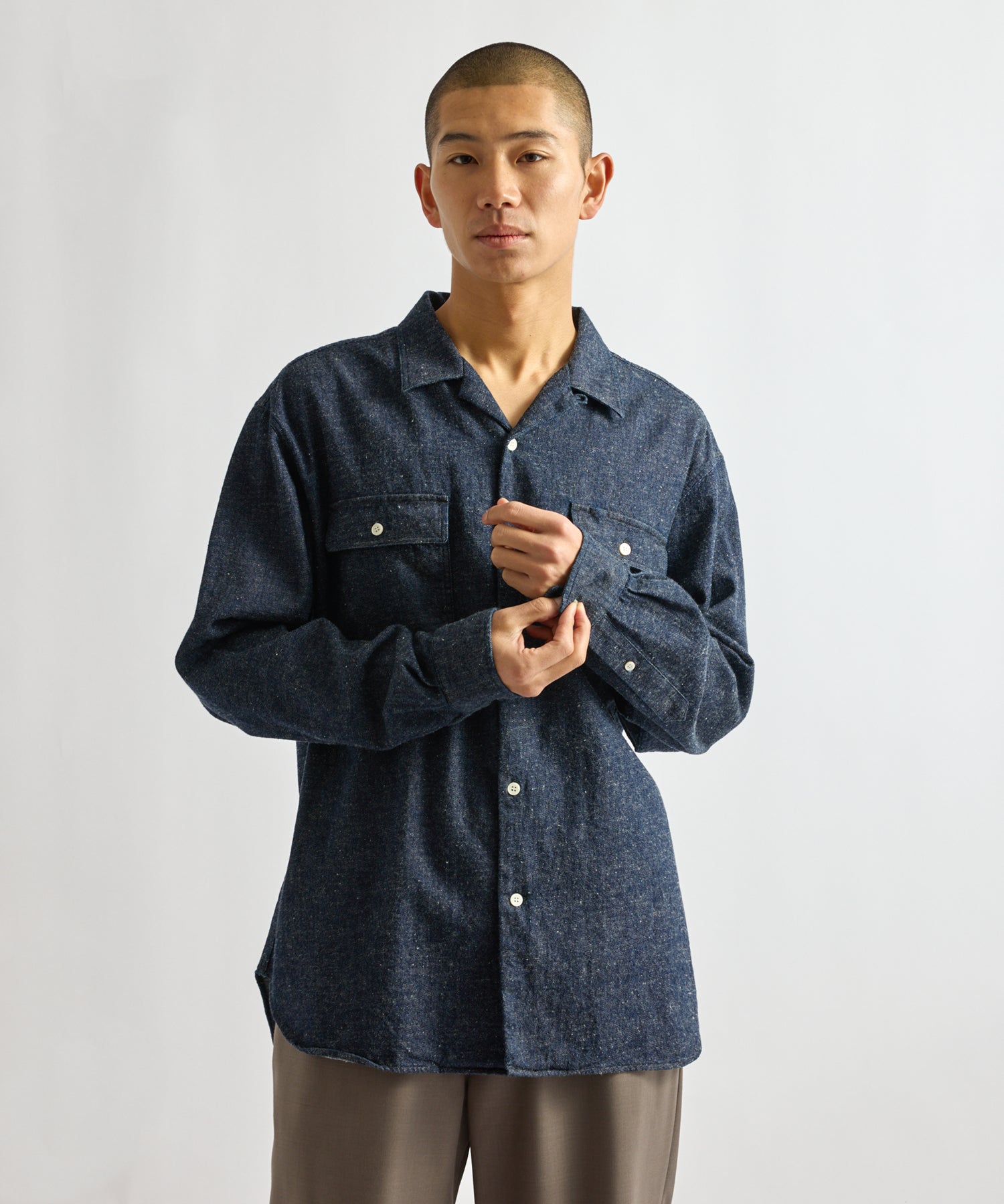 Saturdays NYC Hanley Long Sleeve Open Collar Shirt in Navy