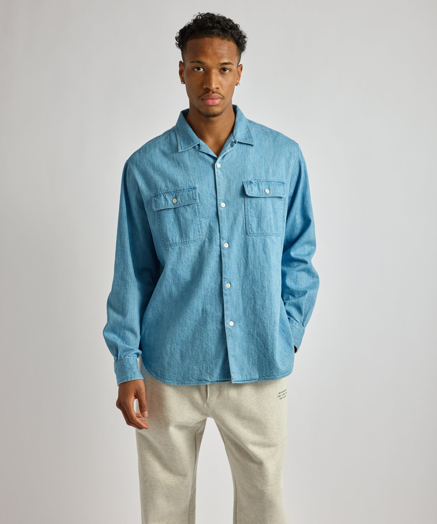 Saturdays NYC Hanley Long Sleeve Open Collar Shirt in Light Blue