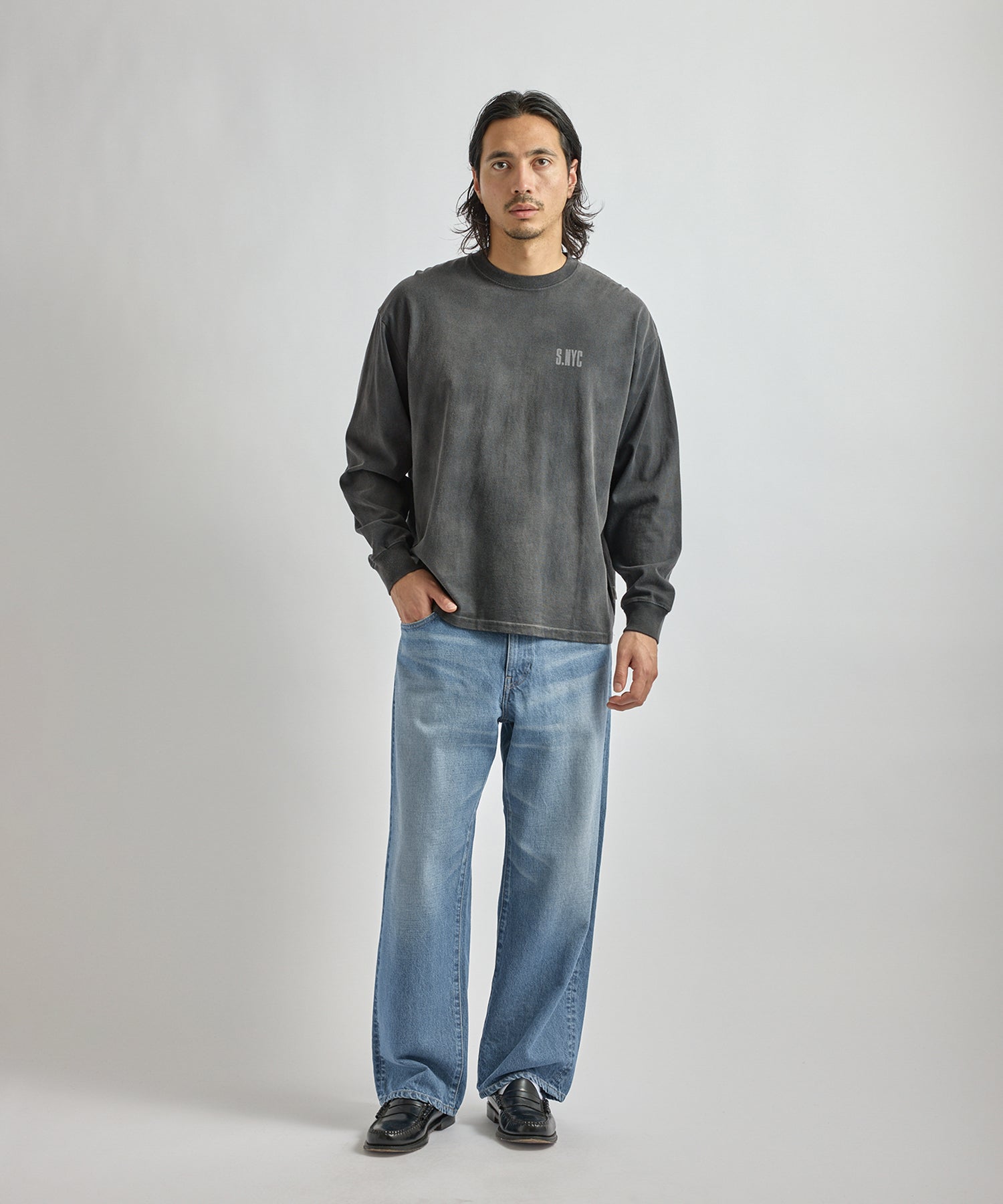 Saturdays NYC Collegiate Printed Long Sleeve Tee in Fade Black