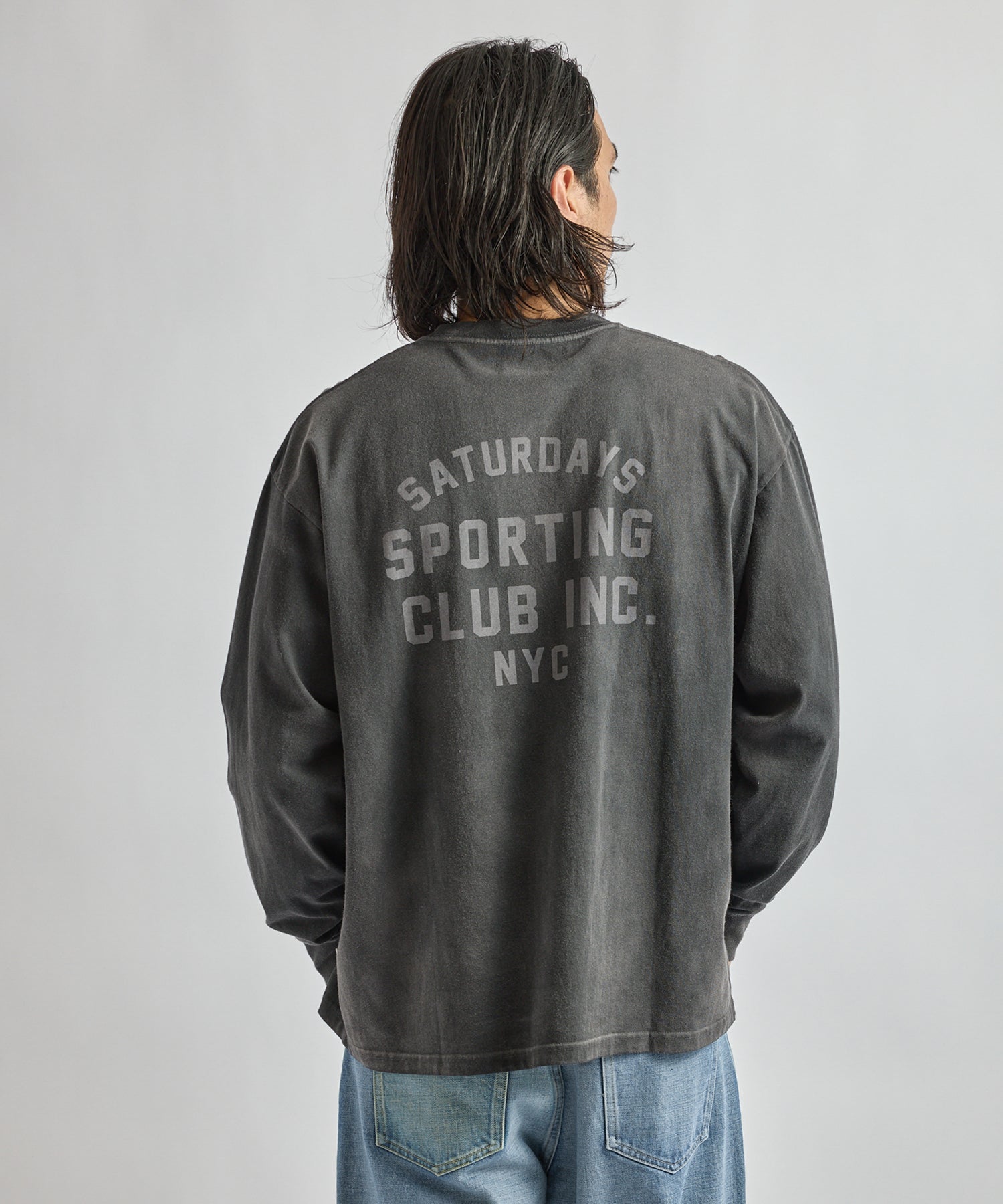 Saturdays NYC Collegiate Printed Long Sleeve Tee in Fade Black