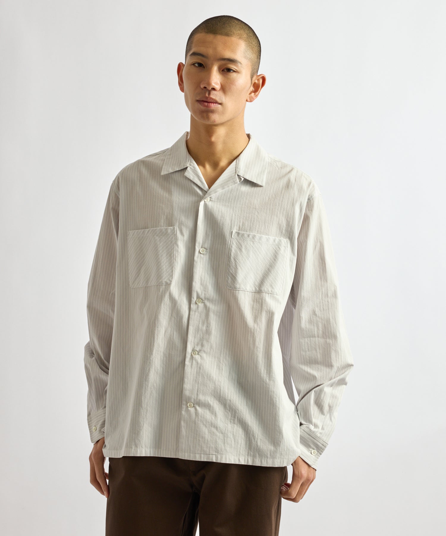 Saturdays NYC Marco Stripe Open Collar Shirt in Light Gray