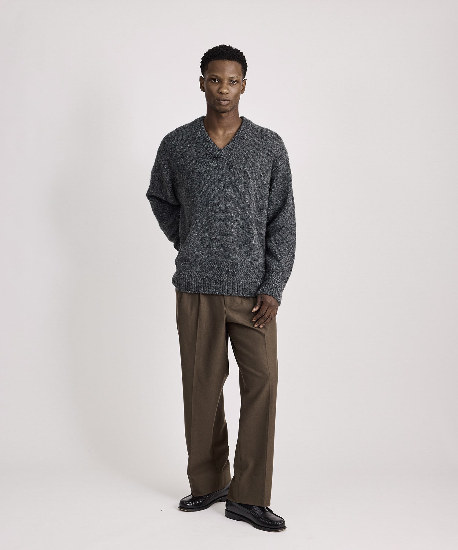 Saturdays NYC Nicholas Low Gage V Neck Sweater in Charcoal