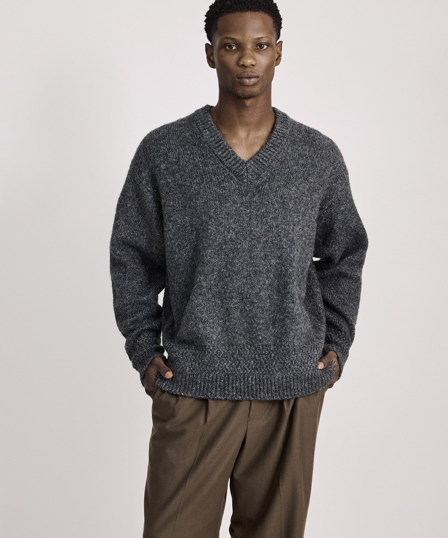 Saturdays NYC Nicholas Low Gage V Neck Sweater in Charcoal