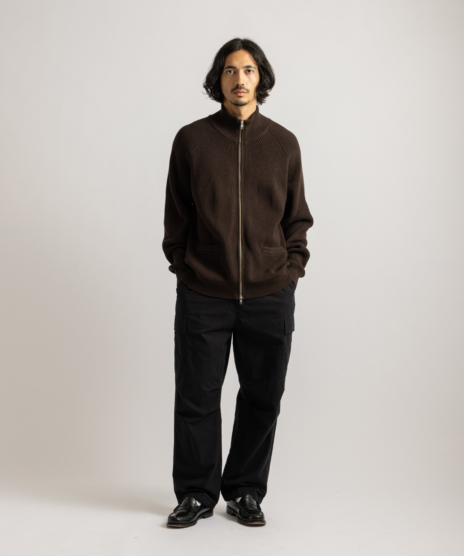 Saturdays NYC Henderson Zip Thru Knit in Dark Brown