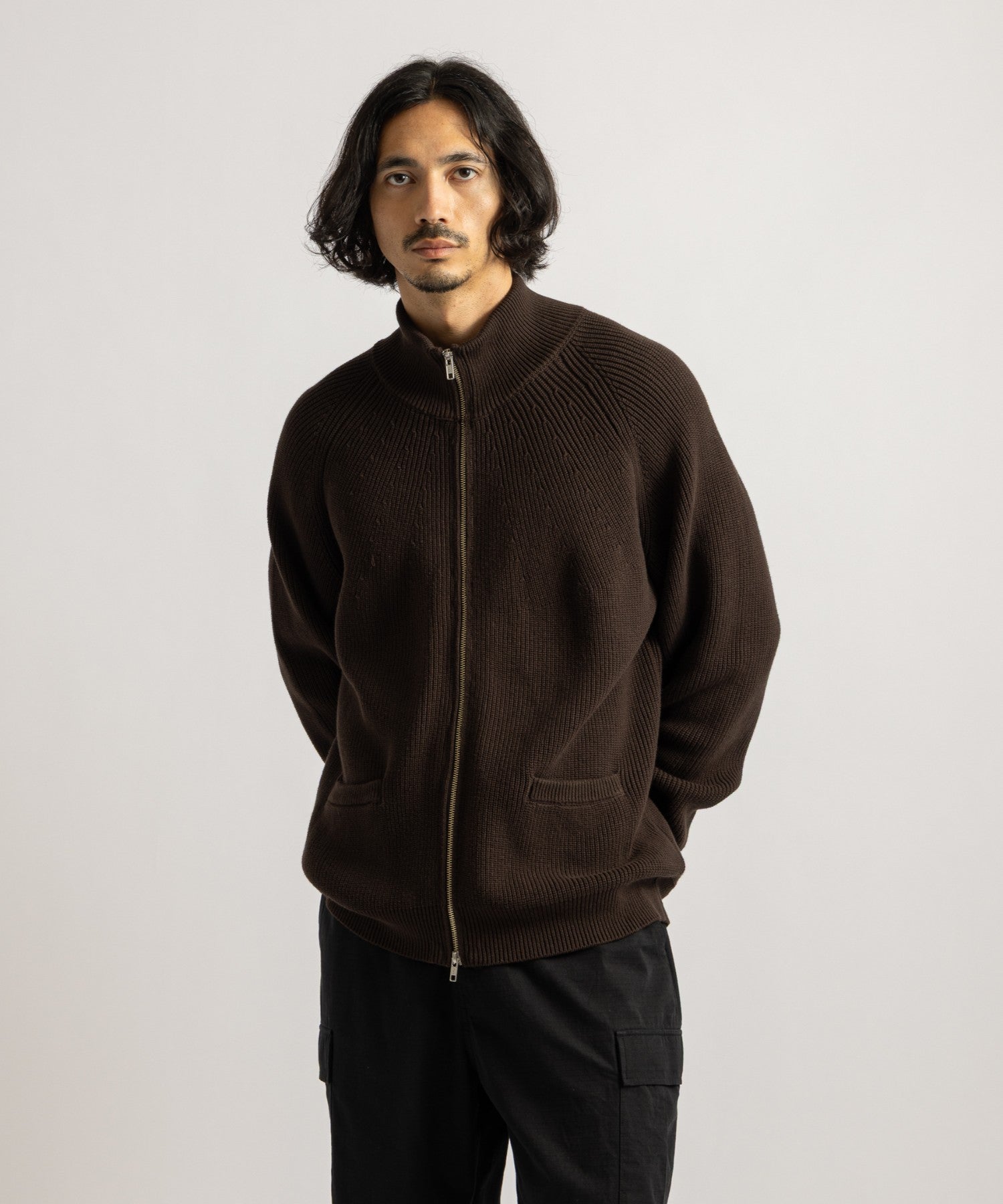 Saturdays NYC Henderson Zip Thru Knit in Dark Brown