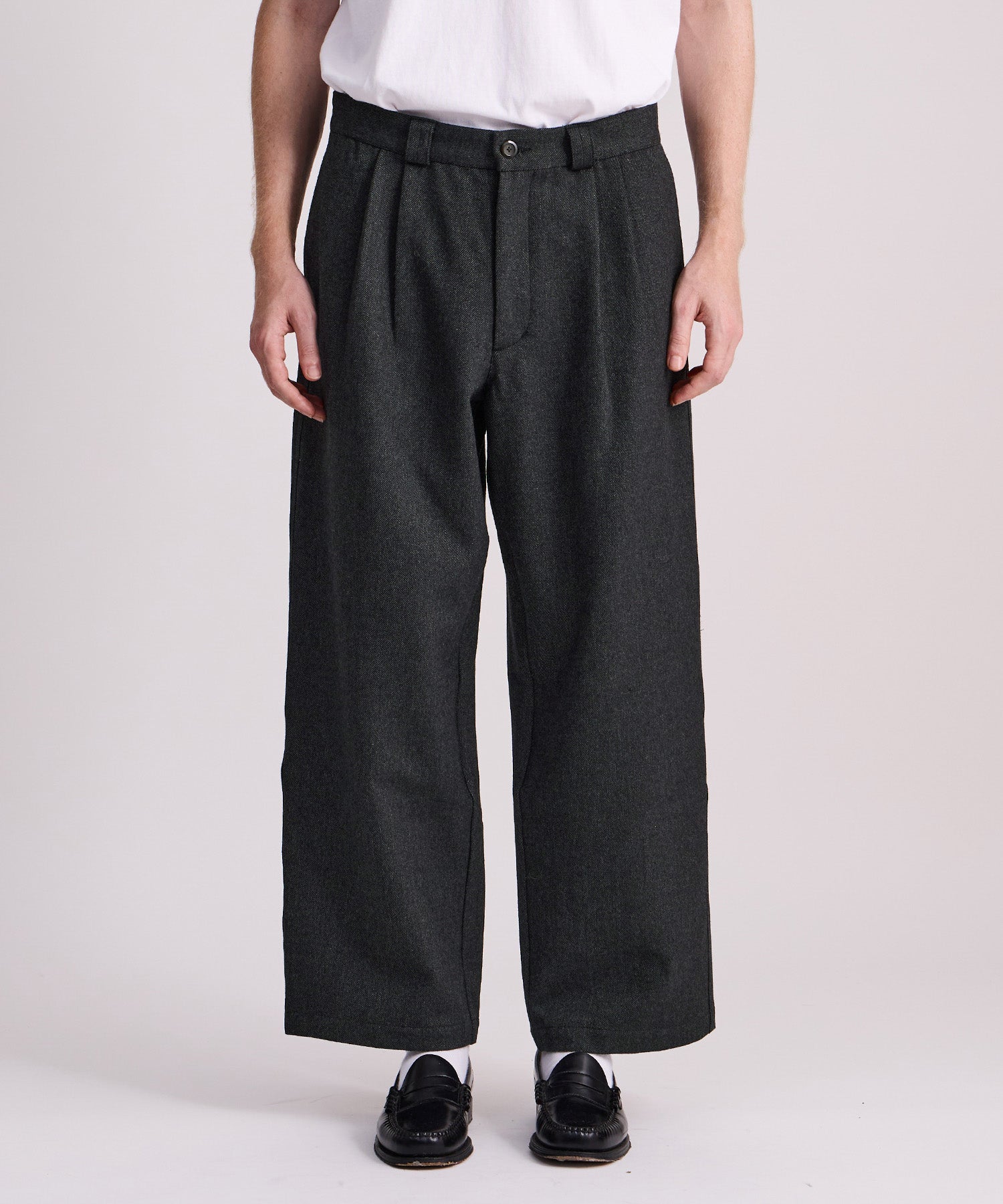 Saturdays NYC George Wool Wide Two Tuck Pant in Black