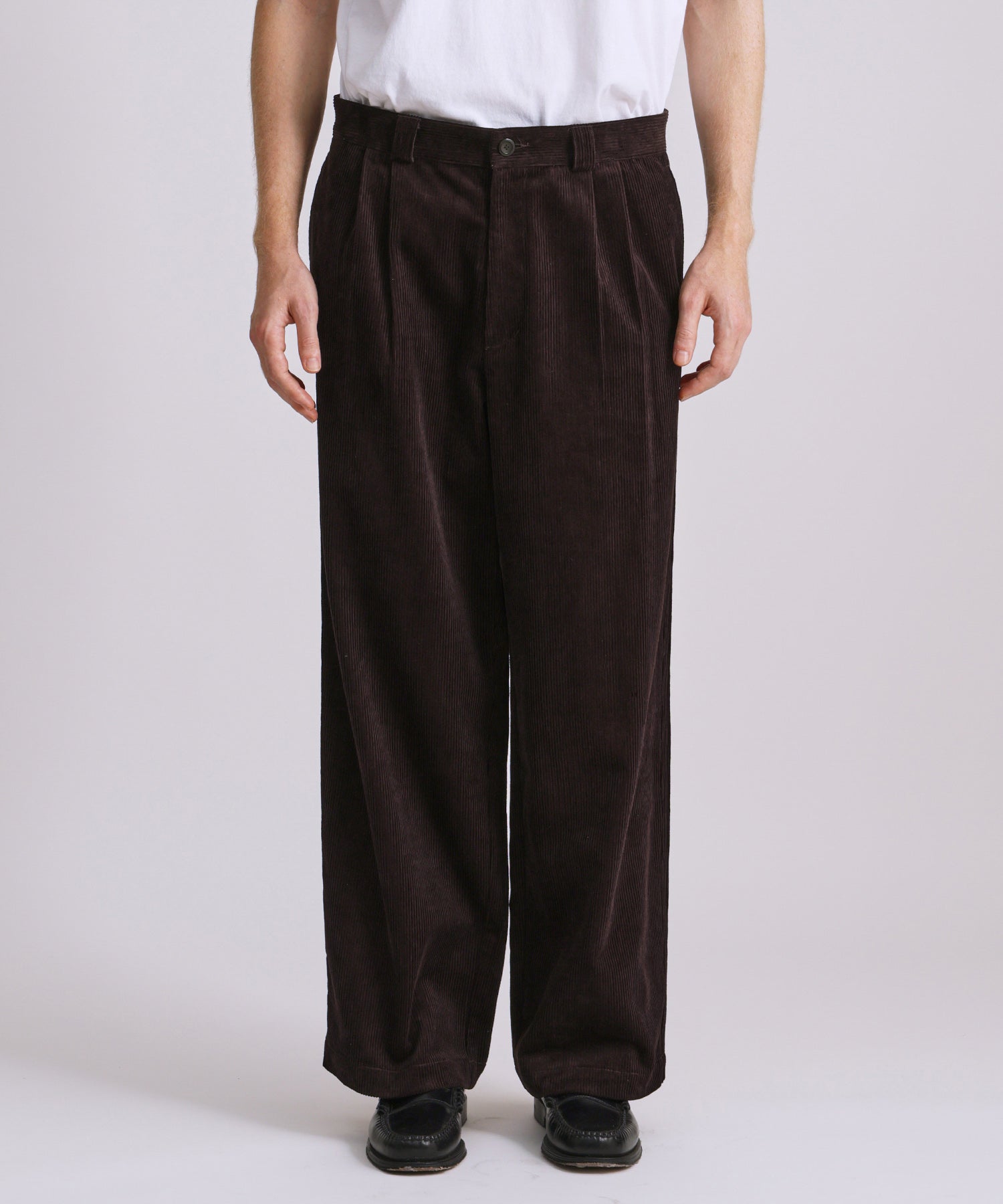 Saturdays NYC George Corduroy Wide Two Tuck Pant in Dark Brown